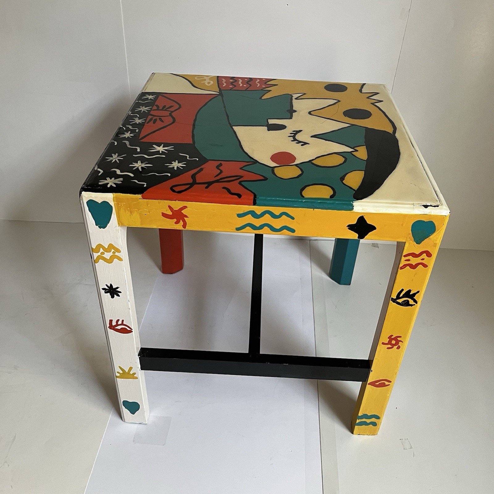 Hand-Painted Colorful Folk Art Design Side Table End Table Decor