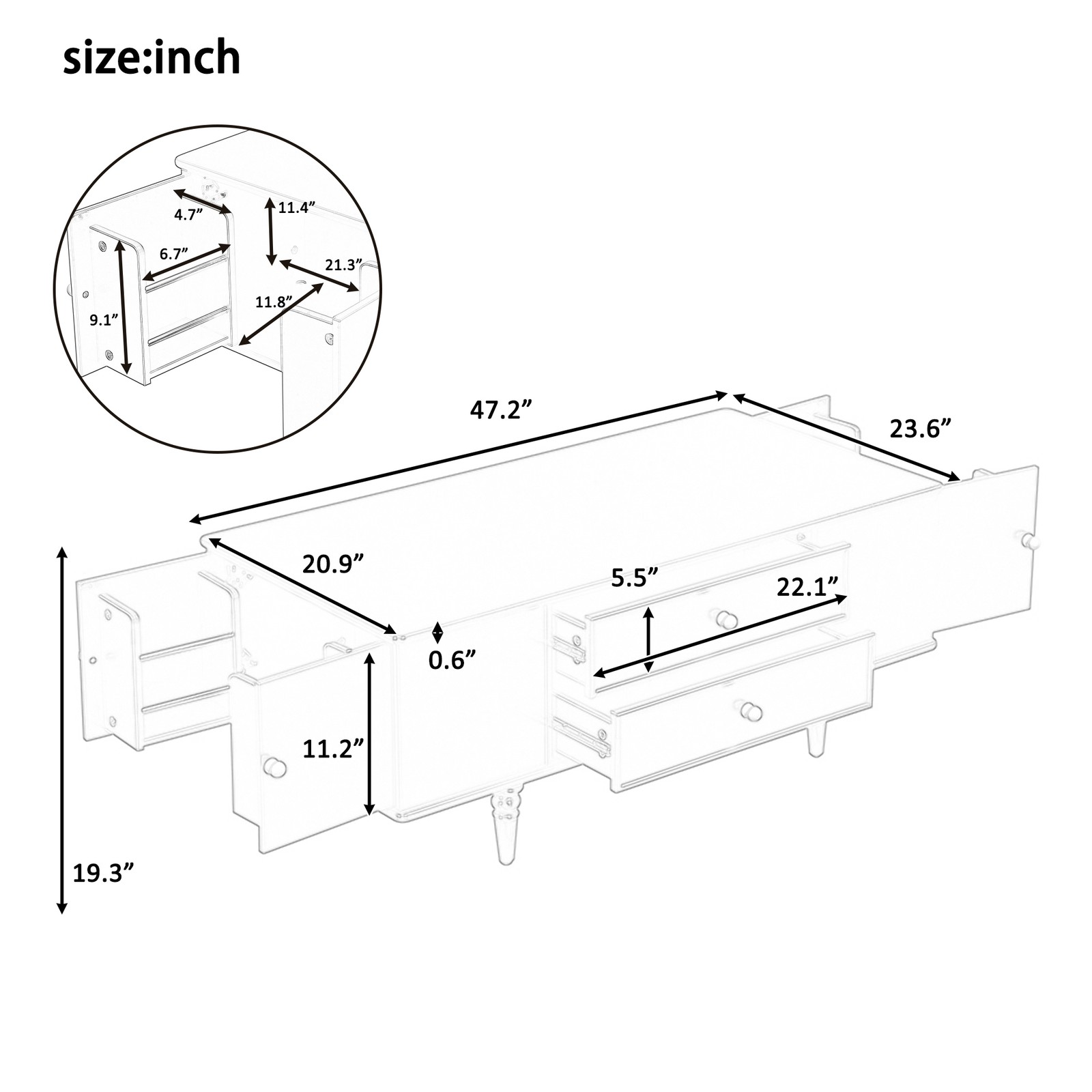 A rectangular coffee table with four drawers and two hidden storage compartments
