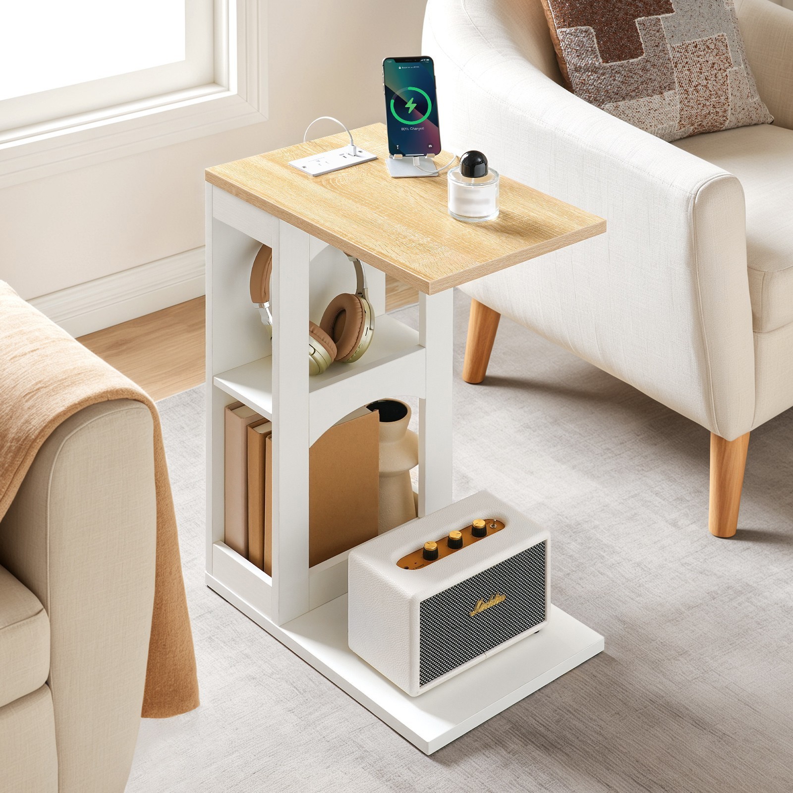 C-Shaped End Table w/ Charging Station Side Table Bedside Table White Natural