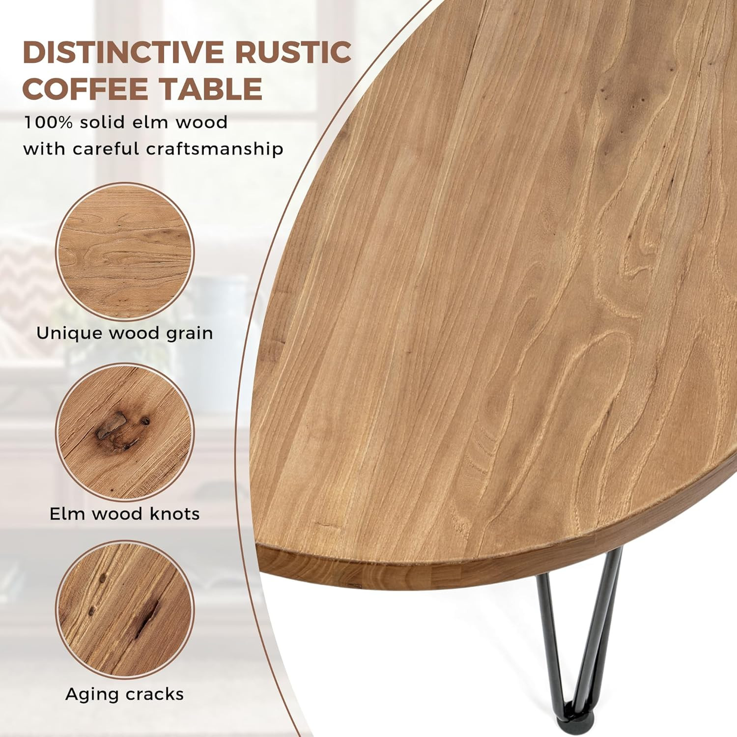 Rustic Round Coffee Table with Metal Legs – Solid Elm Wood, Farmhouse Style