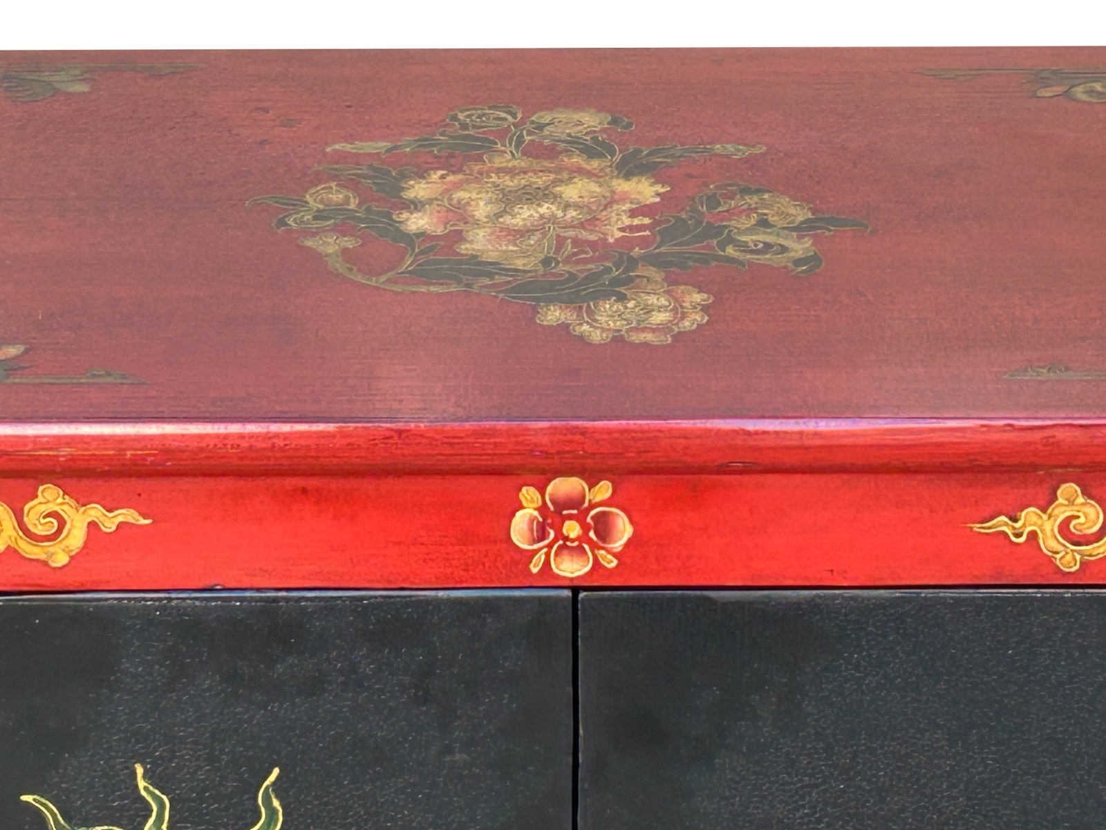 Tibetan Oriental Black Red Foo Dogs Lions End Table Nightstand GB158