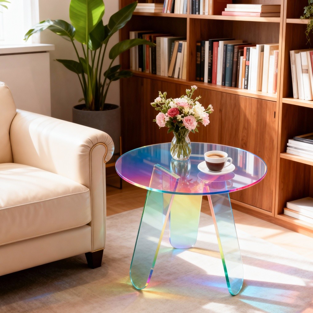 Premium Acrylic Side Table 18.11×17.52 inch Clear Modern Iridescent Coffee Table