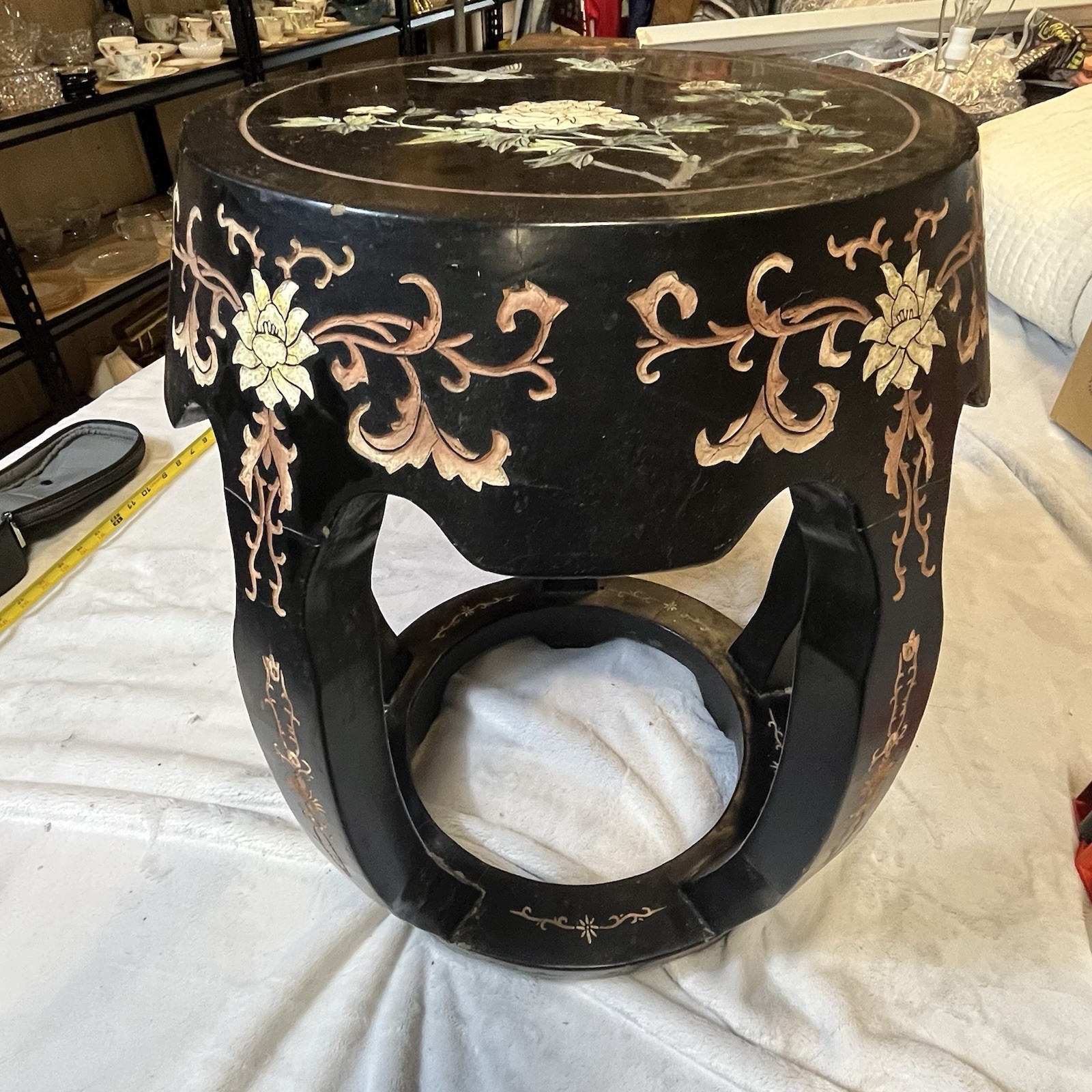 Vintage Chinese Lacquer Wood Side Table Stool Hand Carved Painted Hong Kong 18”