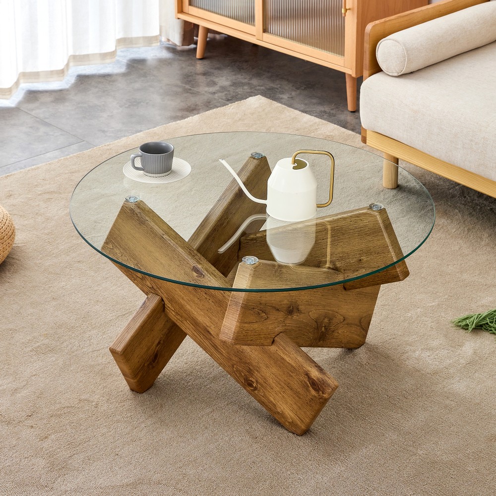 33.4″ Round Tempered Glass Coffee Table w/ Wood MDF Legs for Farmhouse