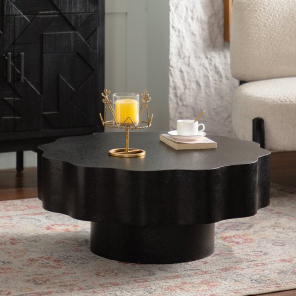 Round Black Modern Coffee Table, Wave Edge, Glossy MDF, 32″ x 32″ x 14″