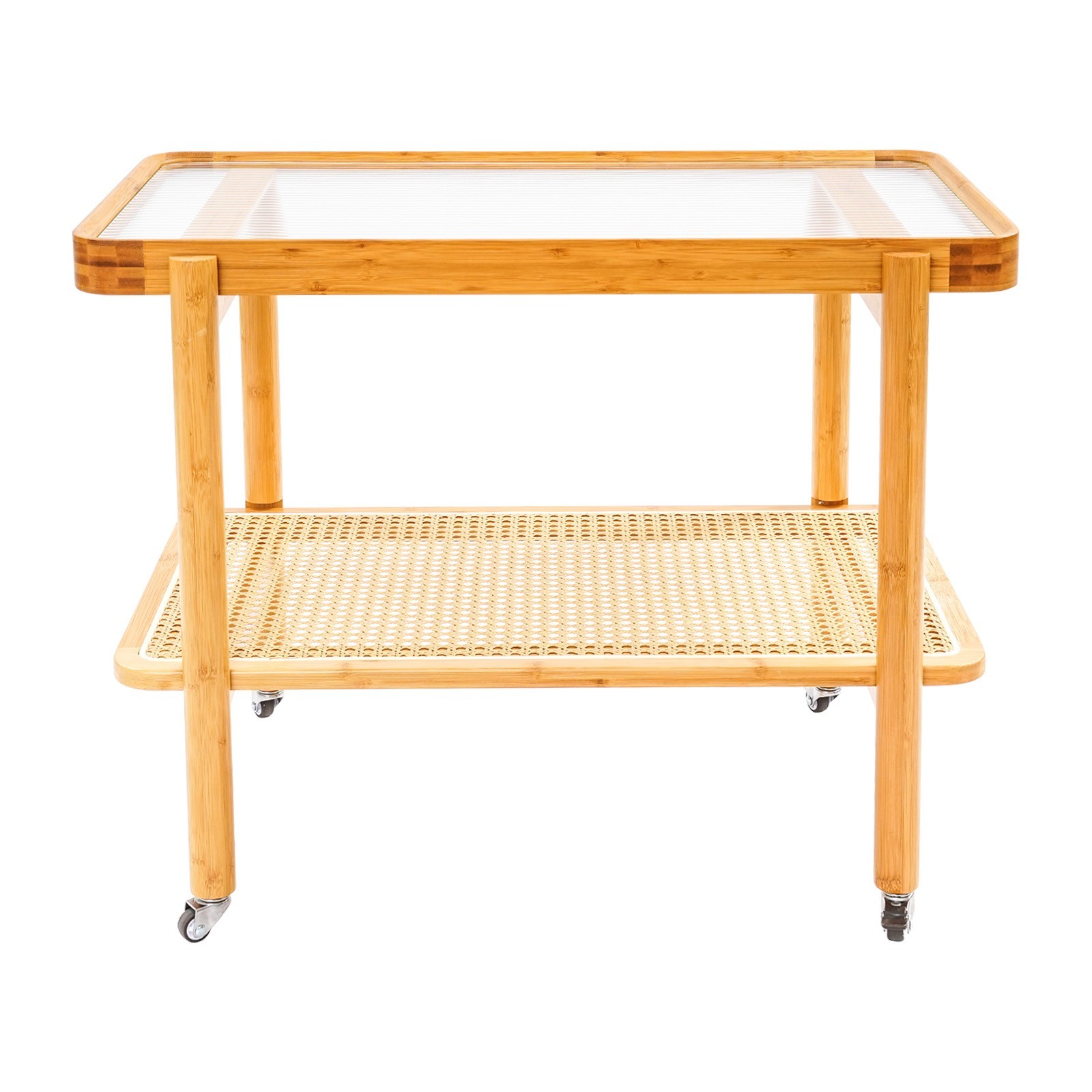 Tempered Glass, Resin, Bamboo Coffee Table with Wheels, 2 Shelves Sofa Table US