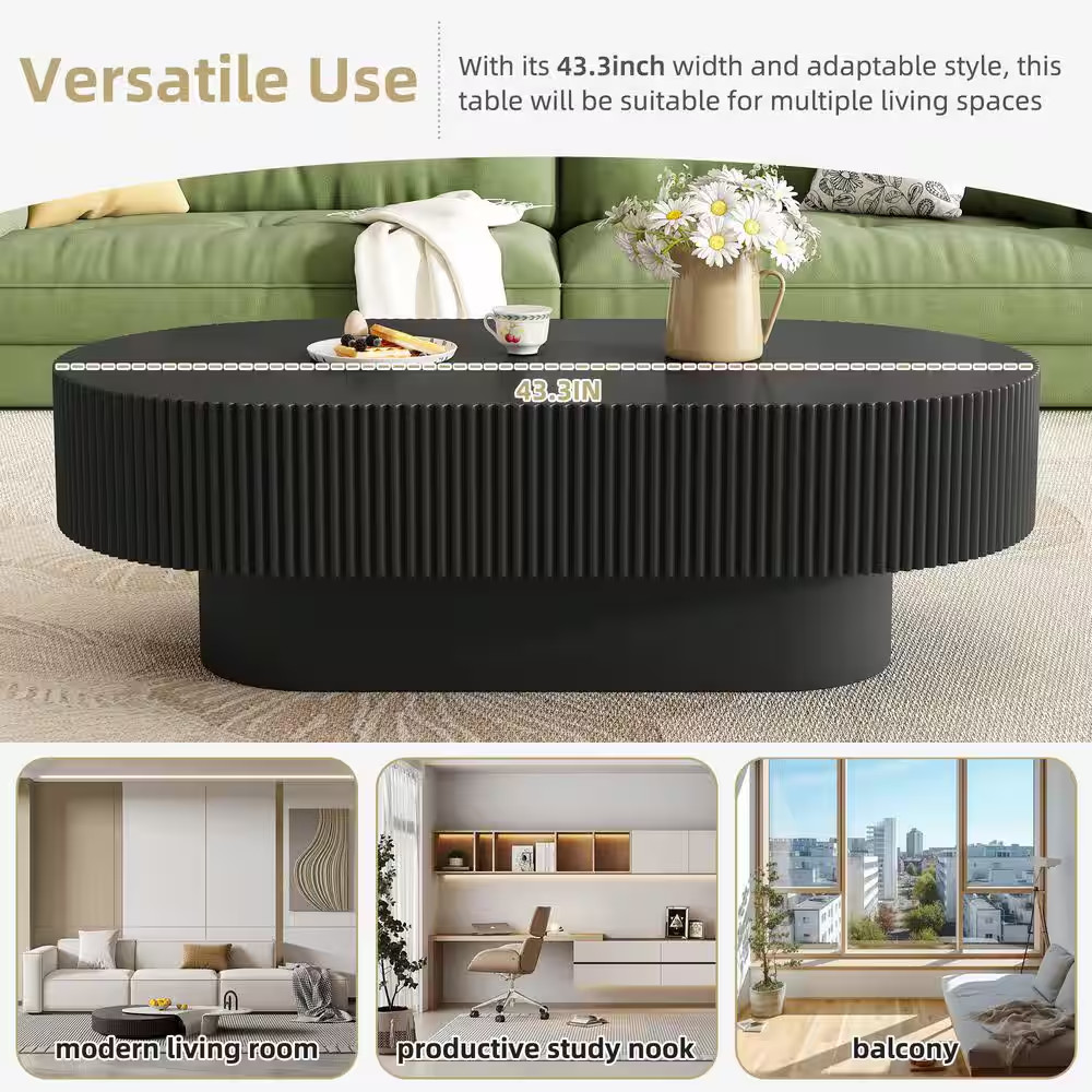 43.3 In. W Black Oval Wood Coffee Table with 6.8″ Thick Tabletop, Modern Drum En