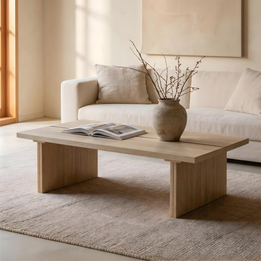 Modern Travertine Coffee Table with Split Top Stone Look Rectangular CenterTable
