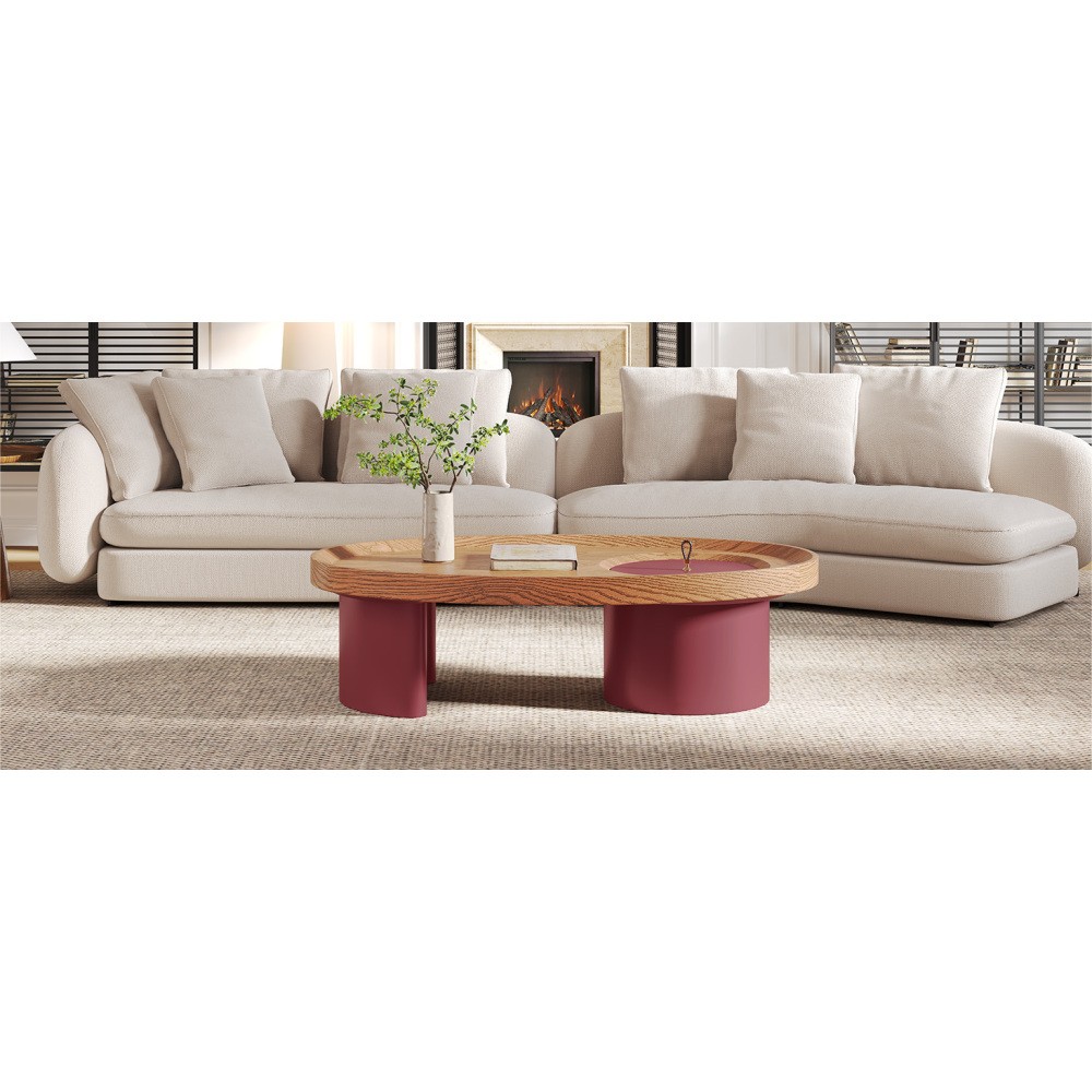 45.3″ Oval Wood Coffee Table, Walnut Top Red Legs with Storage, Mid-Century