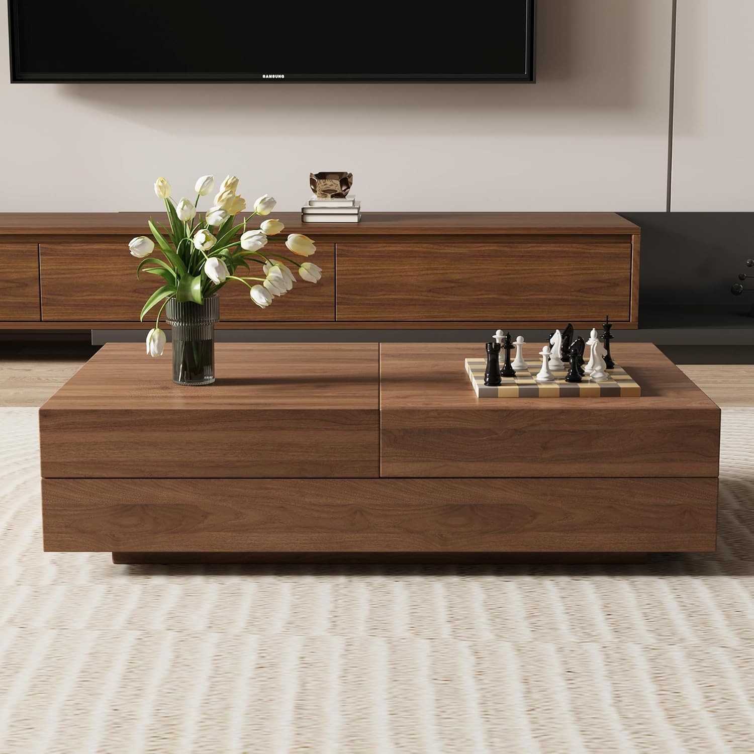 Mid Century Coffee Table with Storage Adjustable Table for Living Room Walnut