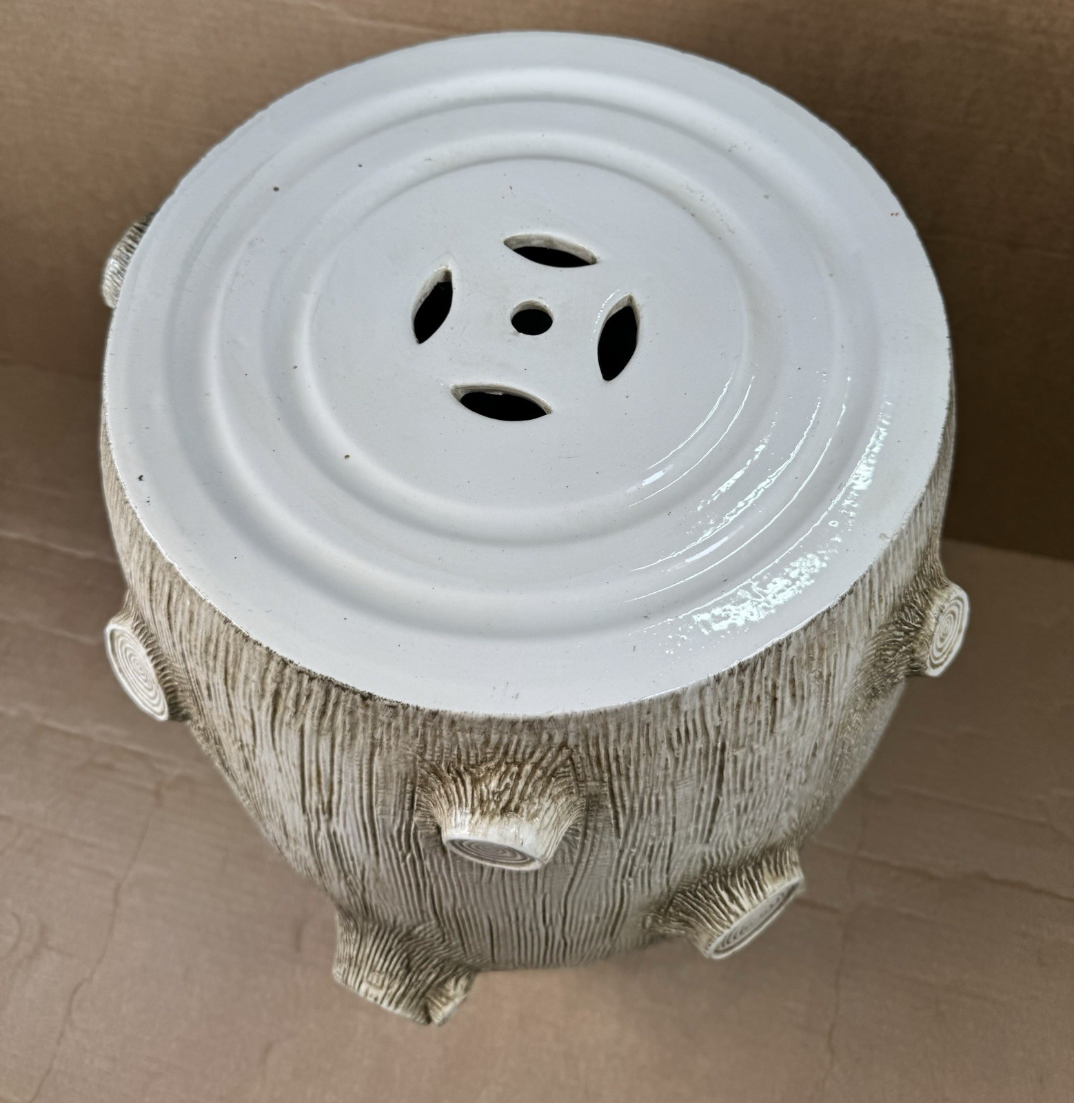 Ceramic Tree Stump Garden Stool Side Table White Textured Rustic Organic Natural