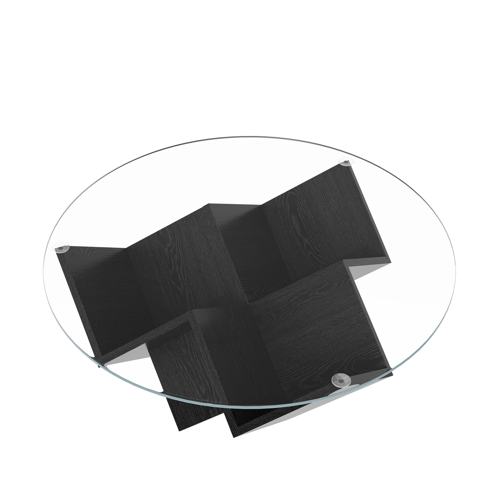 Round Coffee Table with Tempered Glass Top and Geometric Art Deco Storage