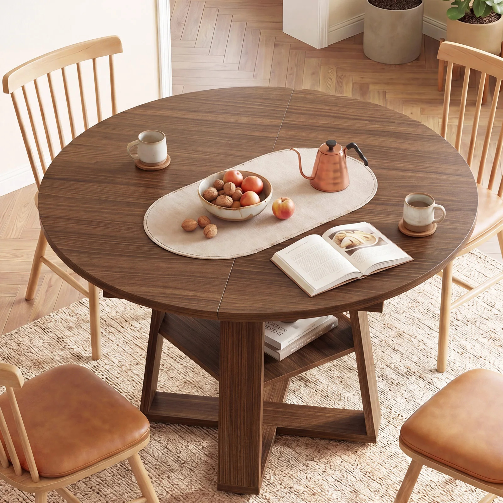 Extendable Round Dining Table Oval Kitchen Table w/Storage Shelf Pedestal Base