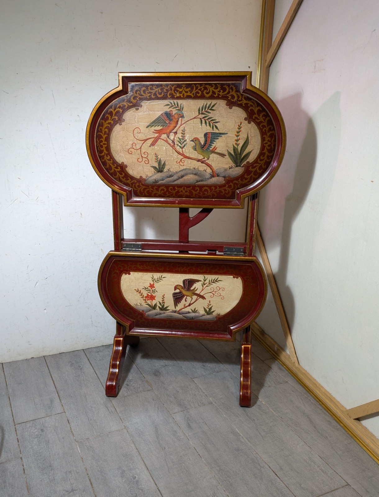 Vintage Asian Chinoiserie Folding Butler Tray Table Hand Painted Birds Red/Gold