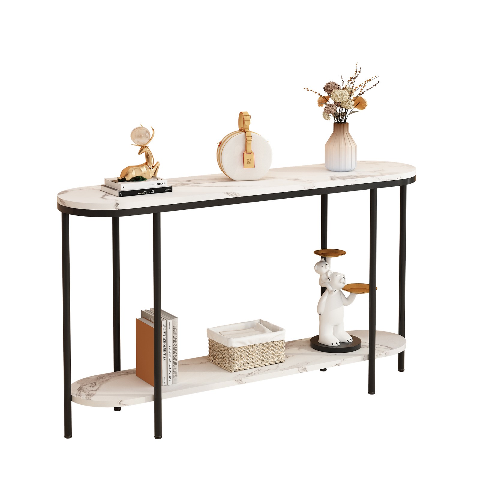 Console Table 2 Tier Entryway Table with Storage Shelf Faux Marble Narrow Table