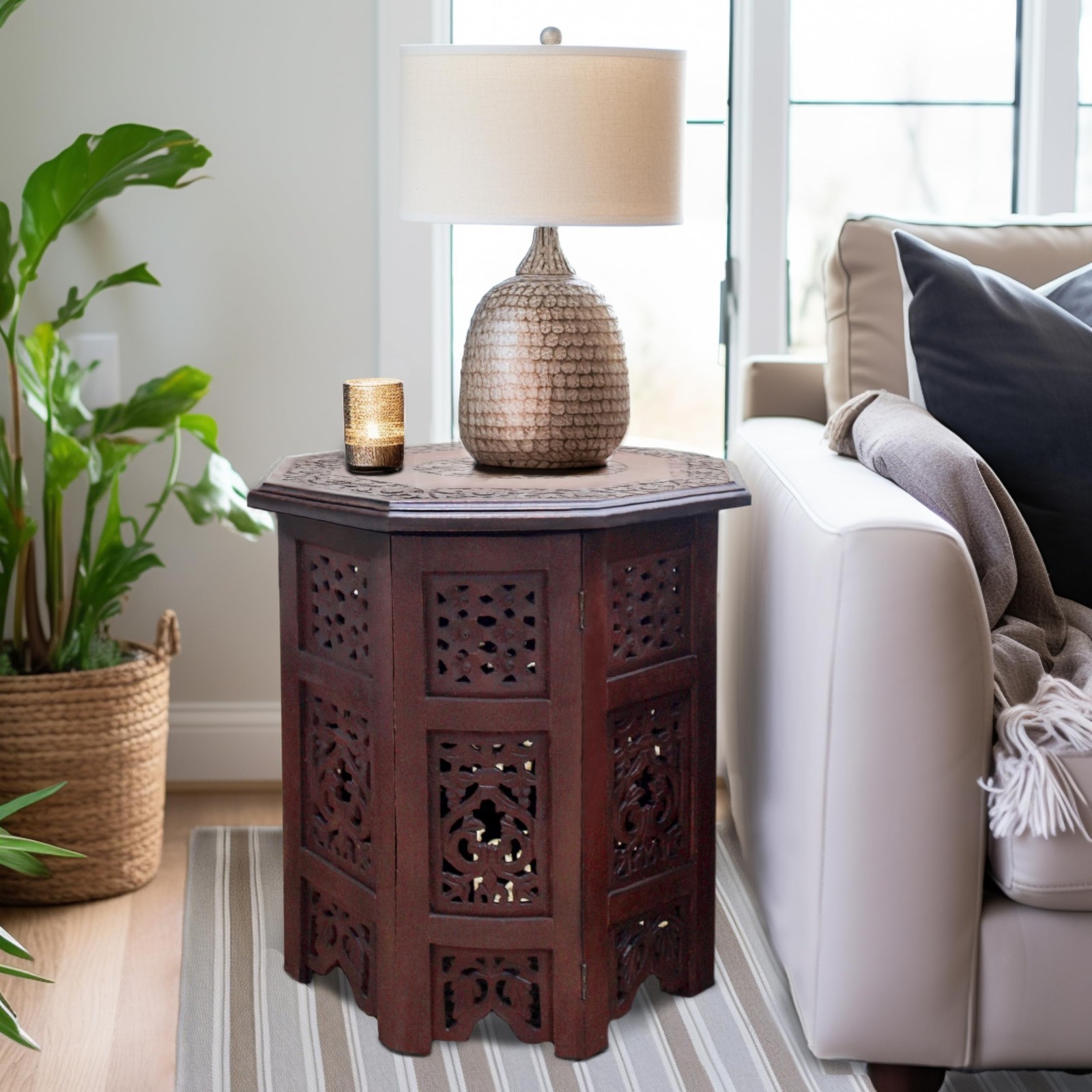 Accent End Table Solid Wood Hand Carved Folding 18×18 Brown Vintage Boho