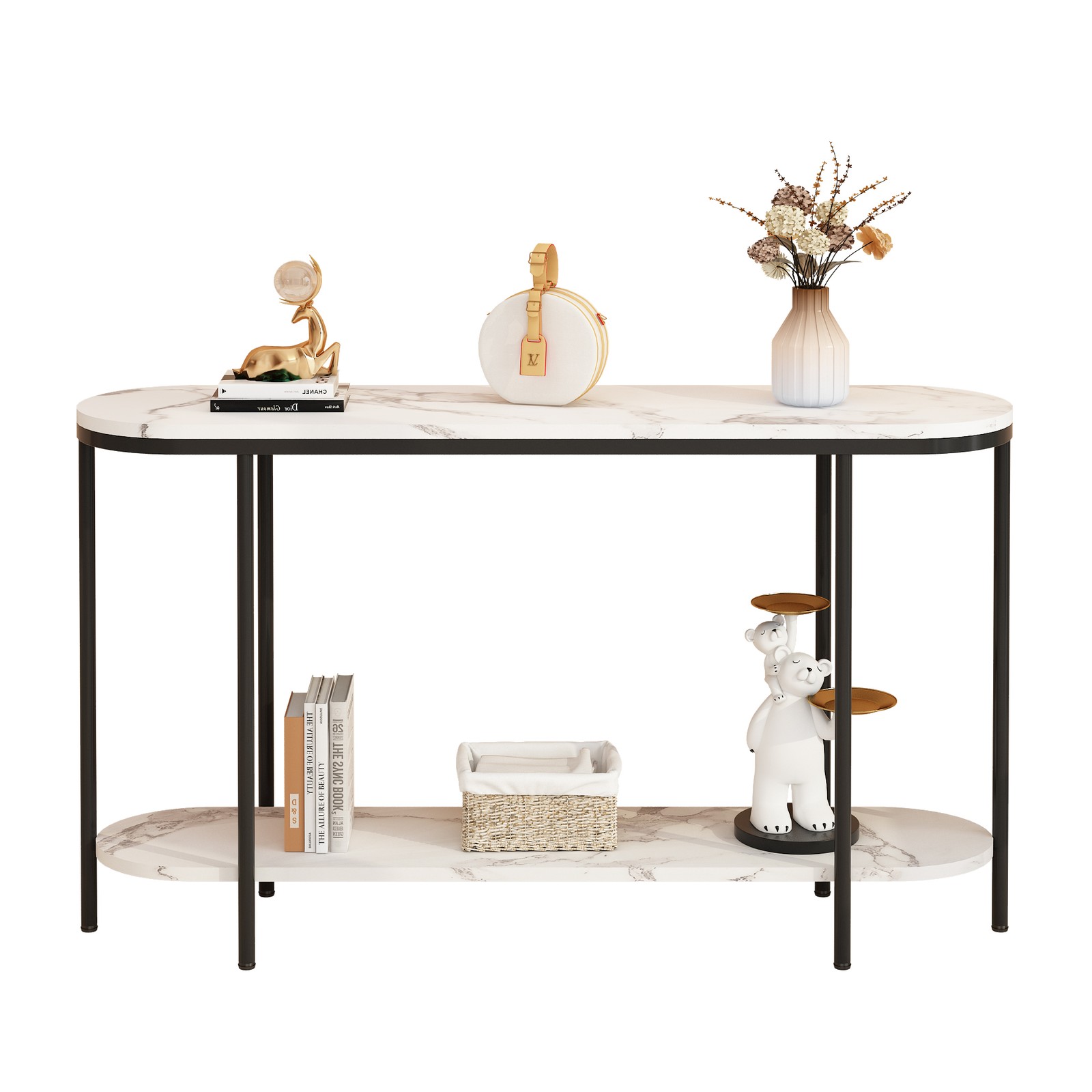Console Table 2 Tier Entryway Table with Storage Shelf Faux Marble Narrow Table
