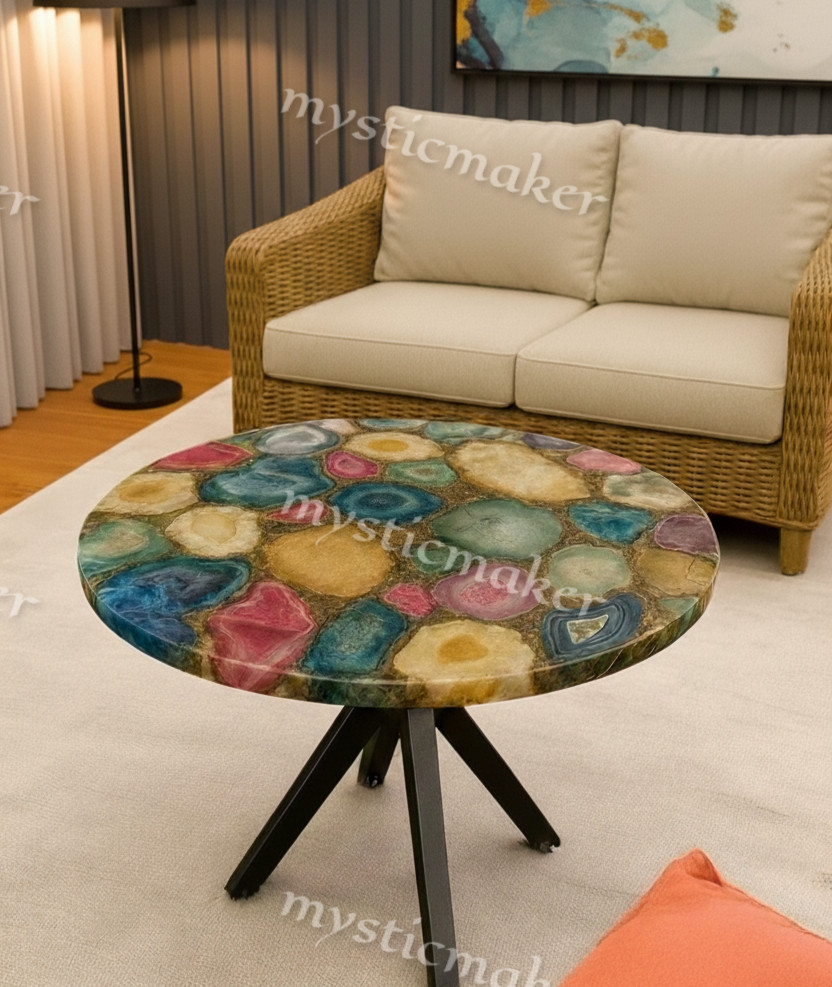 18″ Agate Stone Coffee Table Top Multi Color Resin Inlay Handmade Home Decor Art