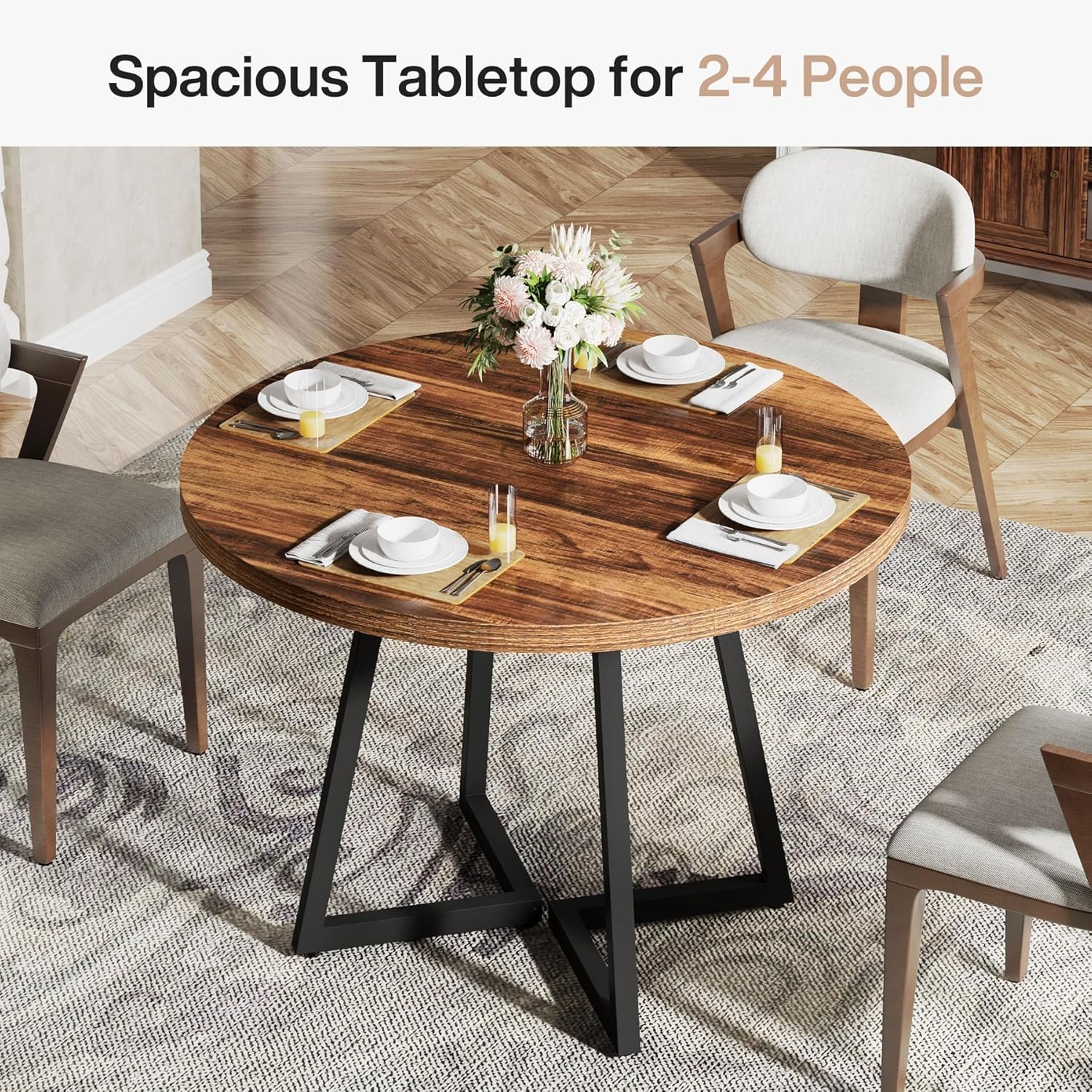 Round Dining Table for 2, 31.5″ Industrial Small Kitchen Table with Metal Base