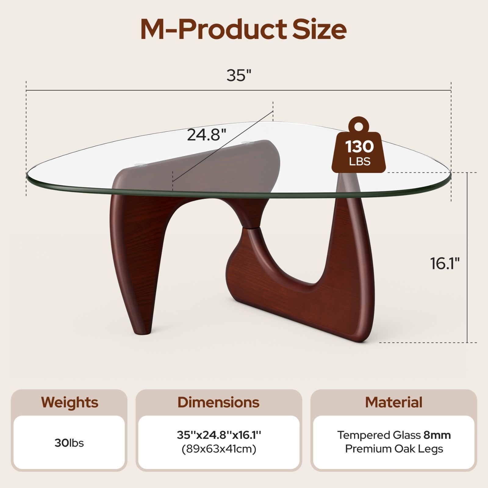 Open Box Noguchi Style Coffee Table in Walnut 8mm Triangle Glass Solid Wood Base