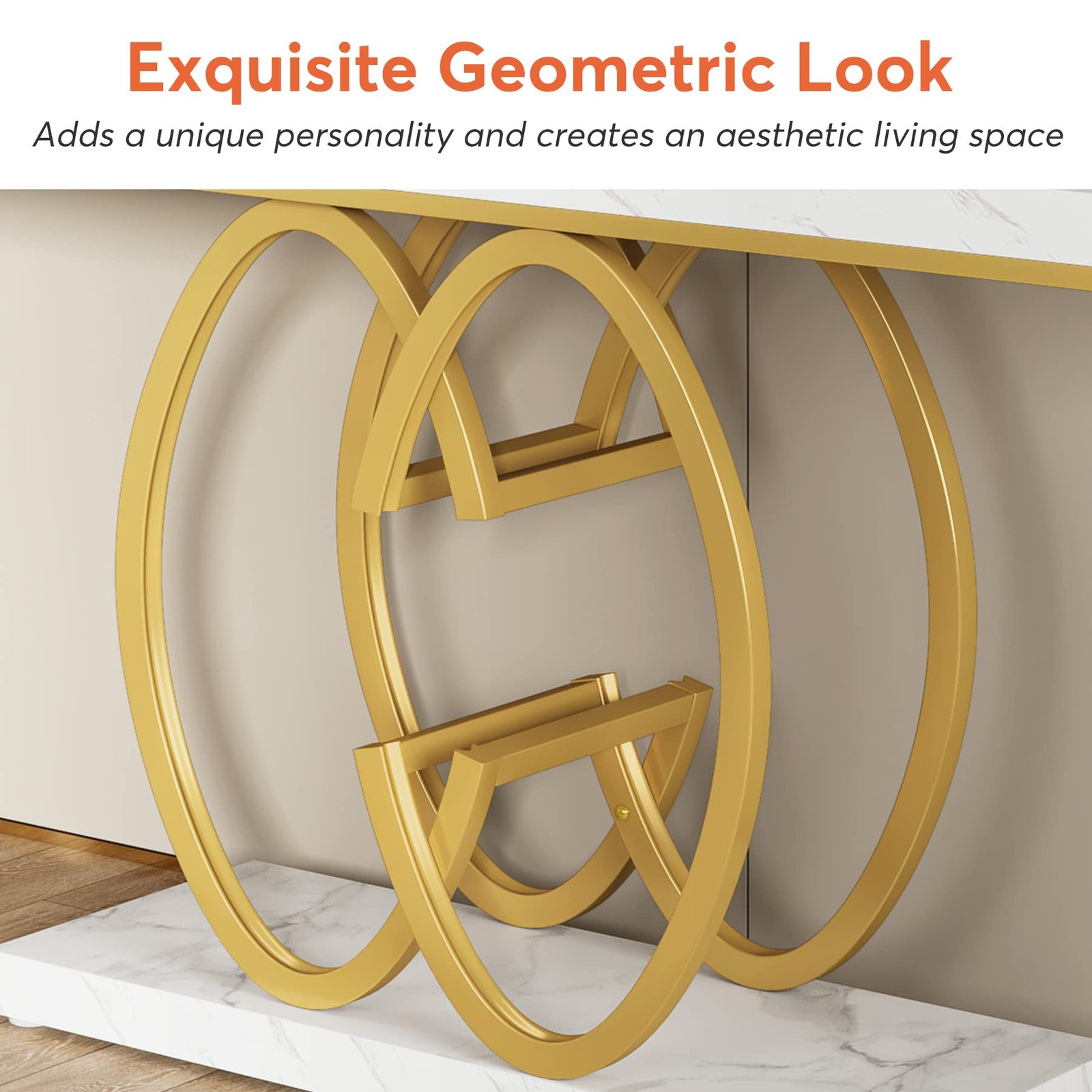55″ Console Table for Hallway, Faux Marble Gold Entryway Table w/Geometric Metal