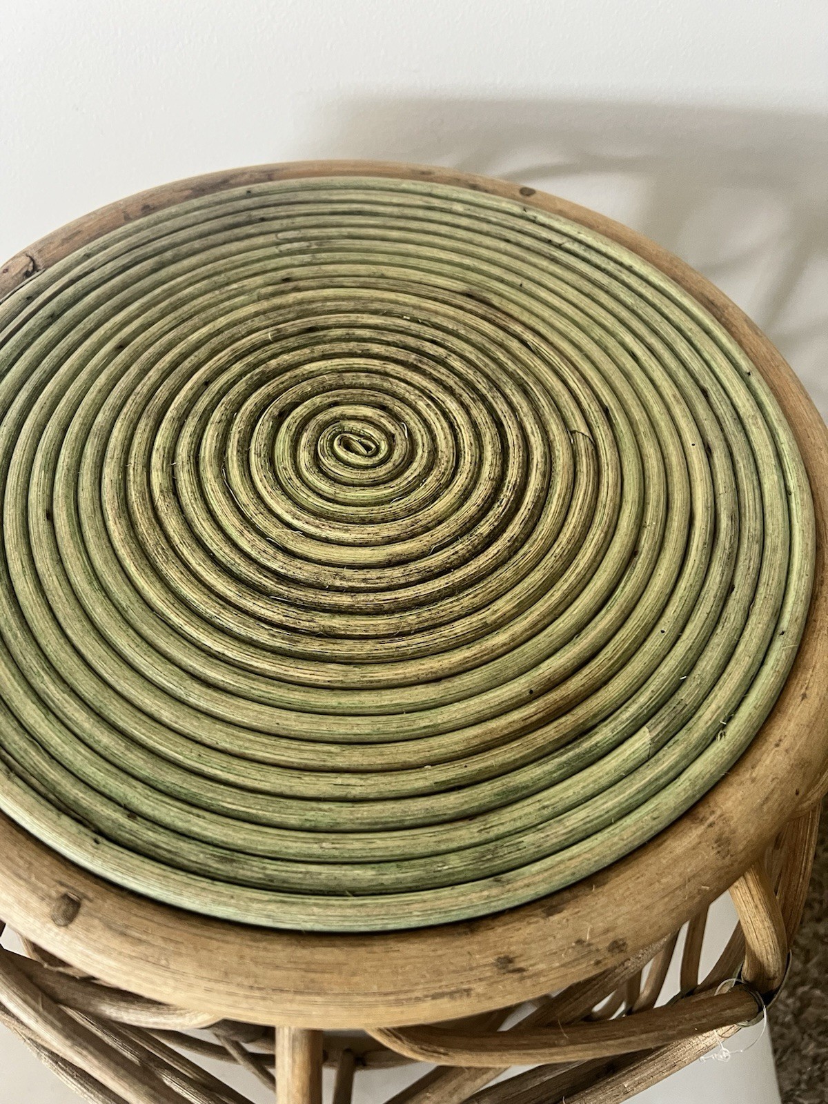 Vintage Rattan Bamboo Side Table Plant Stand Coiled Top Accent Boho Chic MCM