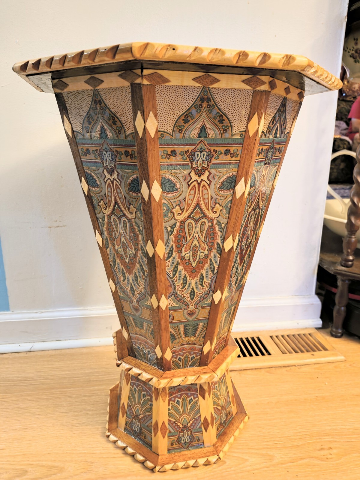 Unique Moroccan Wood Side Table – Hand-Carved Artisan Geometric Design 23″x17″