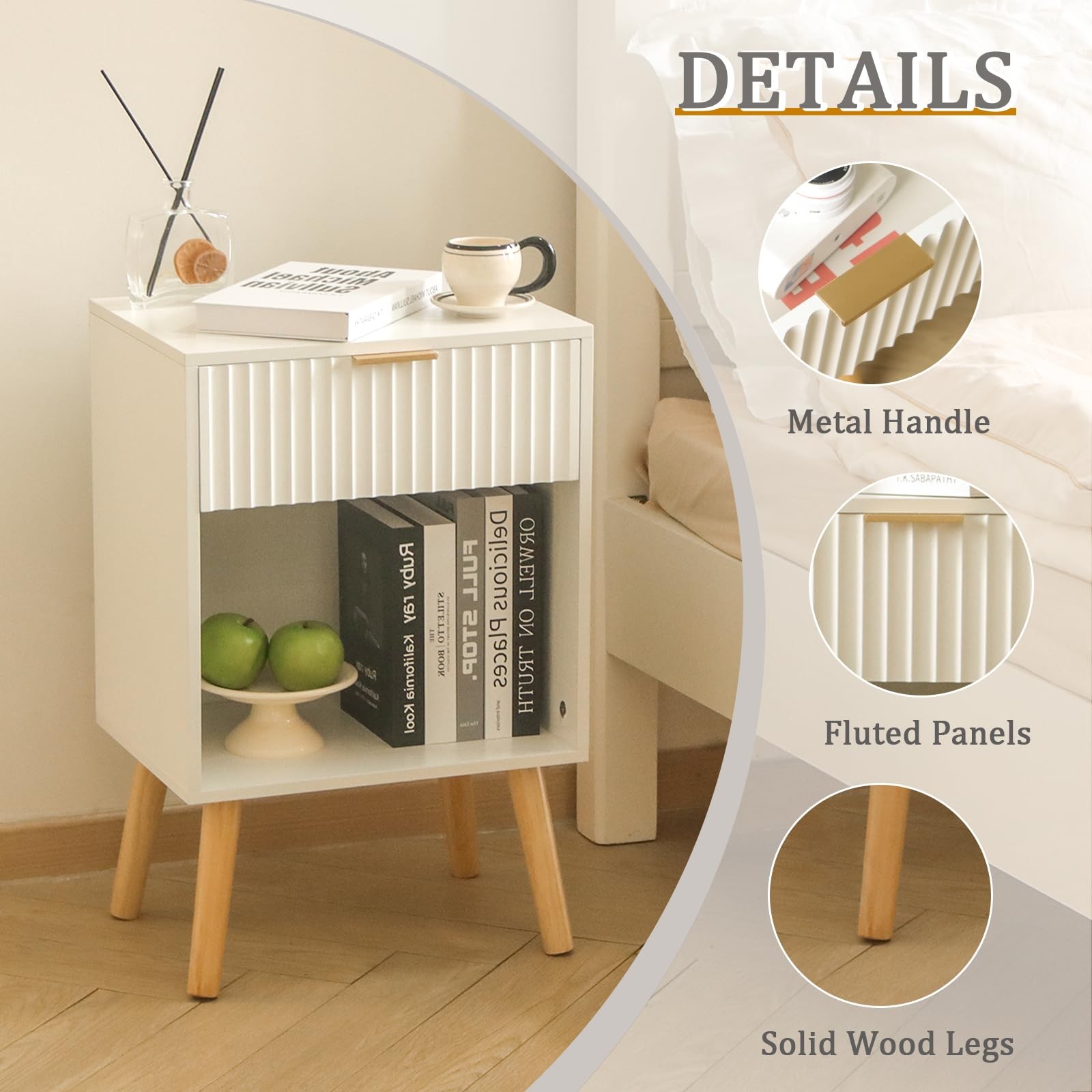 White Nightstand, Modern Bedside Table with Drawer and Open Storage, Fluted E…
