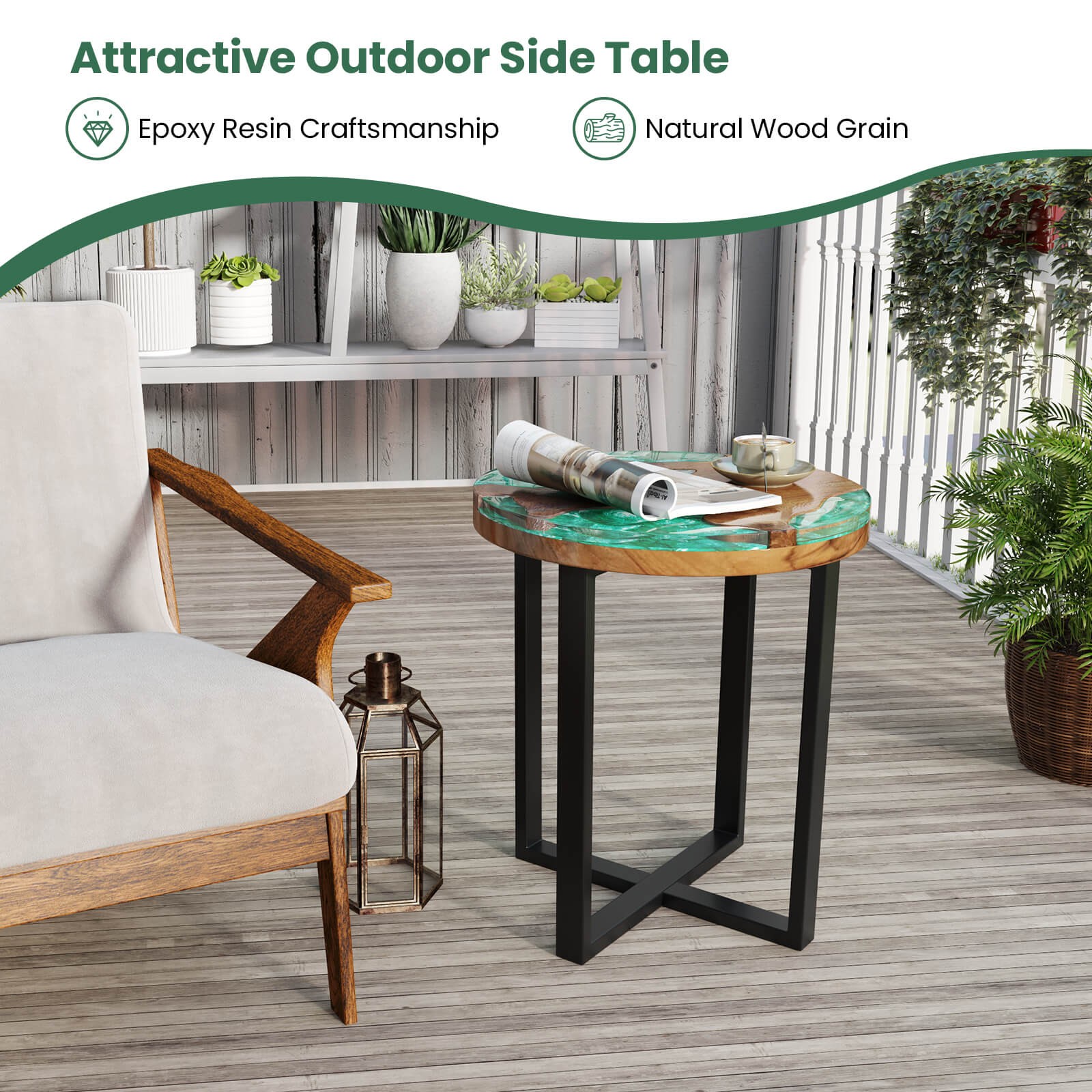 20″ Round Teak Wood End Table Solid Live Edge Outdoor Side Table w/Mahogany Base