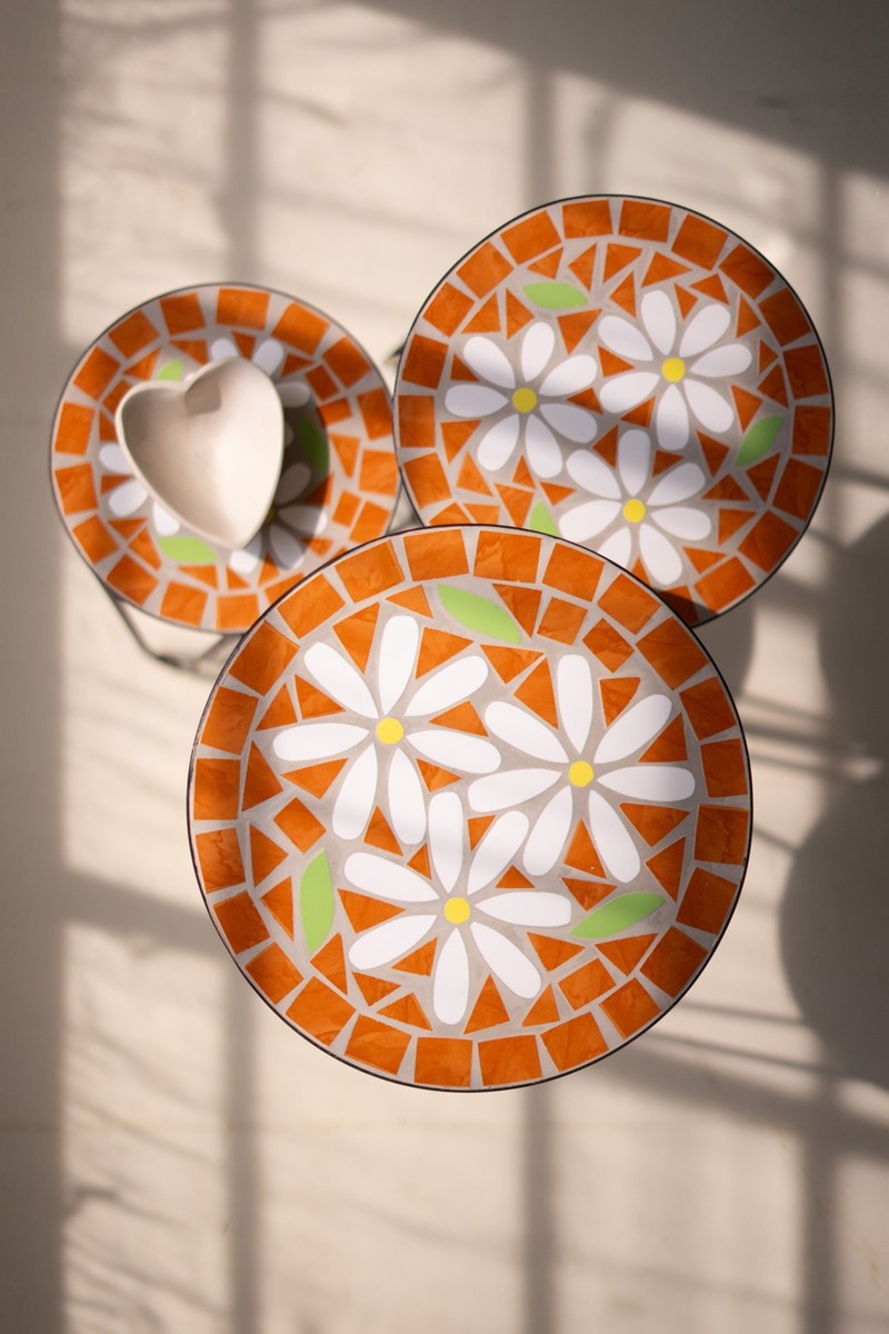 Mosaic Tiled Table Metal Base Set Of 3 Nesting Tables Floral Plant Stand