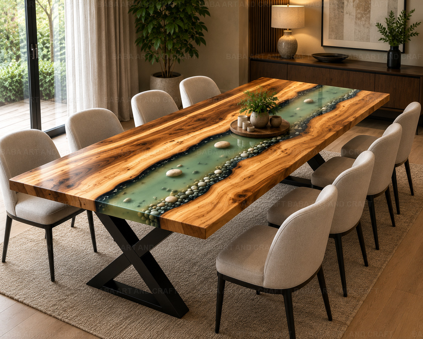 Luxury Olive Wood Epoxy River Dining Table Ocean Pebble Resin Handmade Tabl12X24