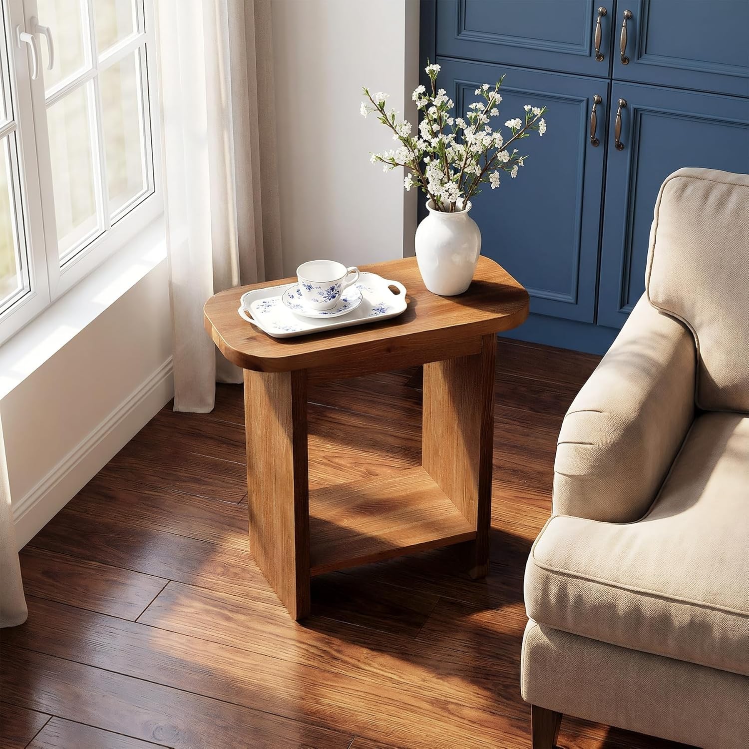 Modern Solid Wood Side Table Narrow H-Shaped 2-Tier End Table with Storage Shelf
