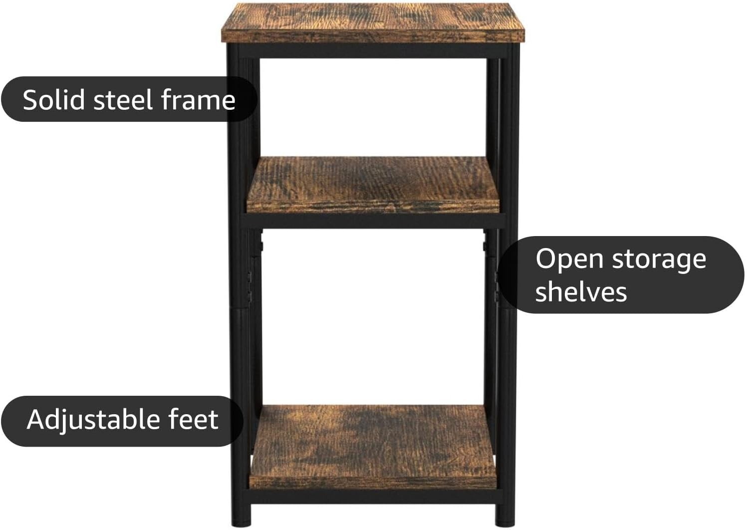 Elegant 3-Tier Nightstand in Rustic Brown and Black Steel – Ideal for Any Room