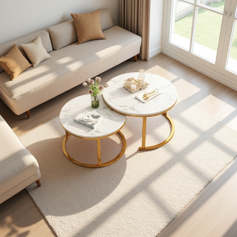 27 inch stylish living room coffee table, white and gold round design table