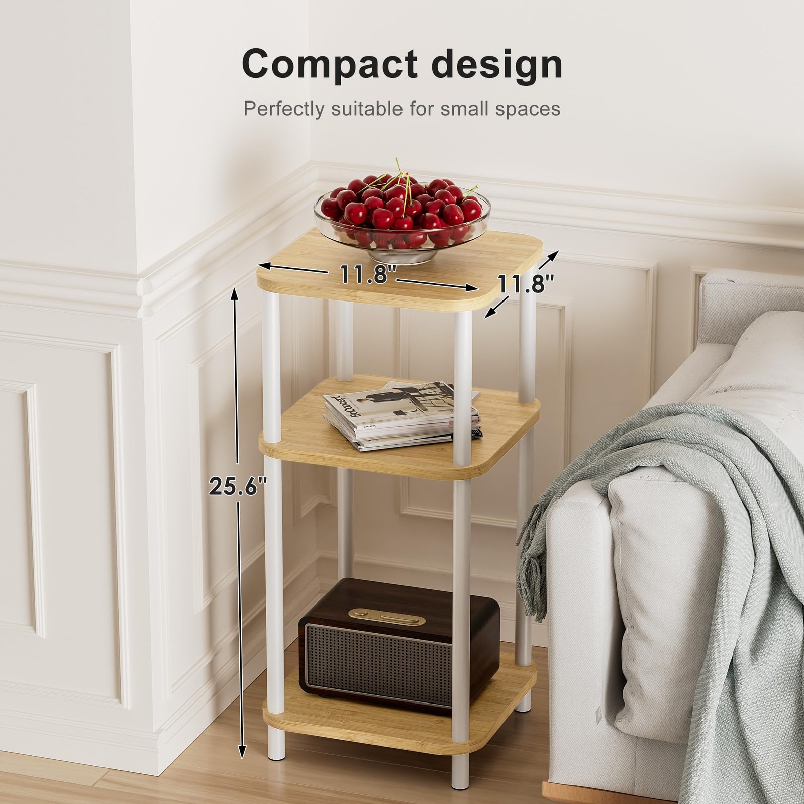 Bamboo End Table with Charging Station, Side Table for Small Space, Small Table