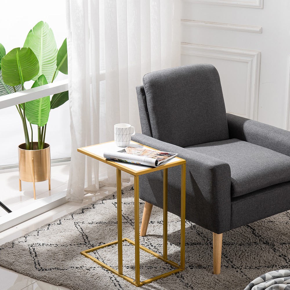 Marble Minimalist C-Shaped Table White And Gold Coffee Table Sofa Side Table