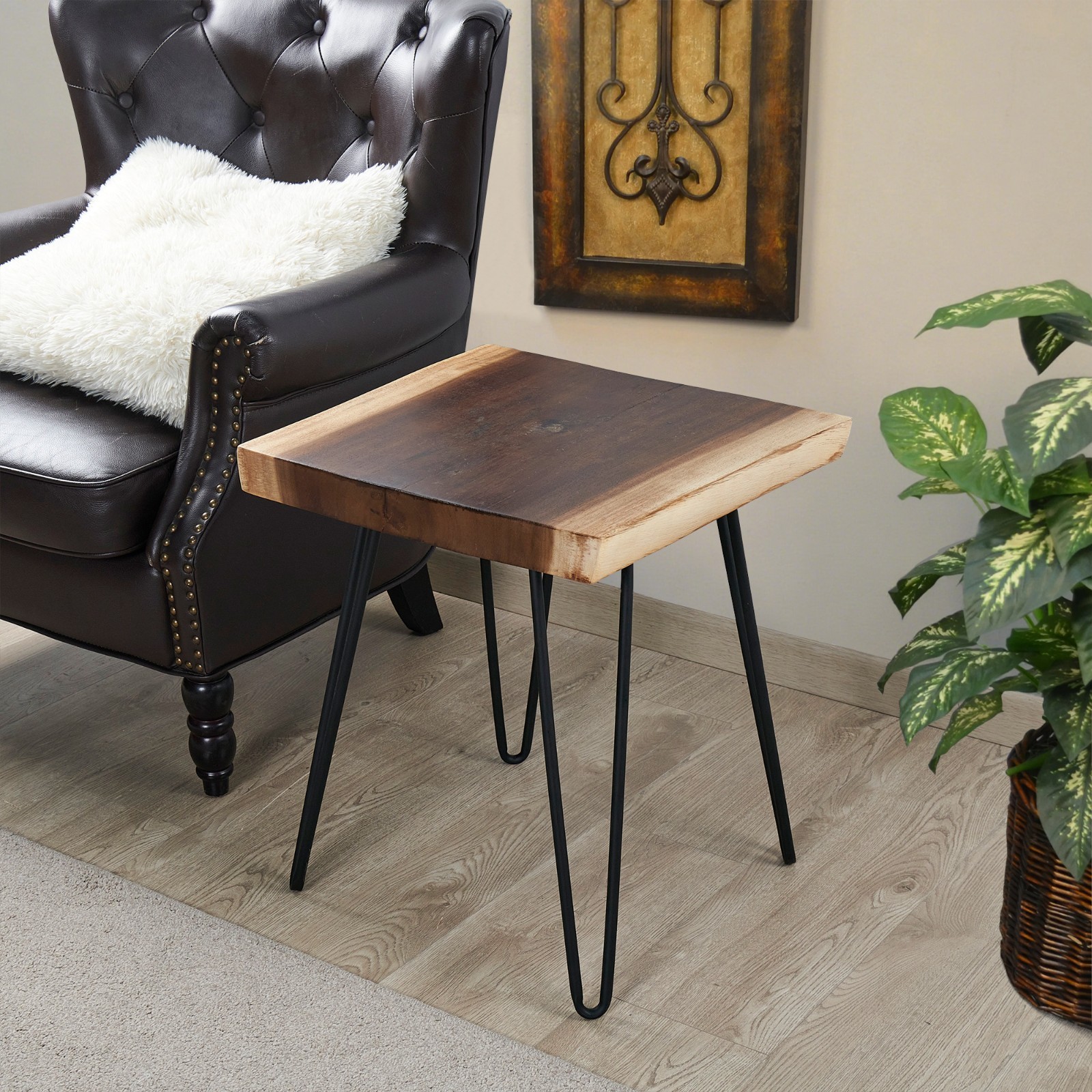 Natural Teak Wood Square End Side Table with Hairpin Legs 20.9″ H Home Decor
