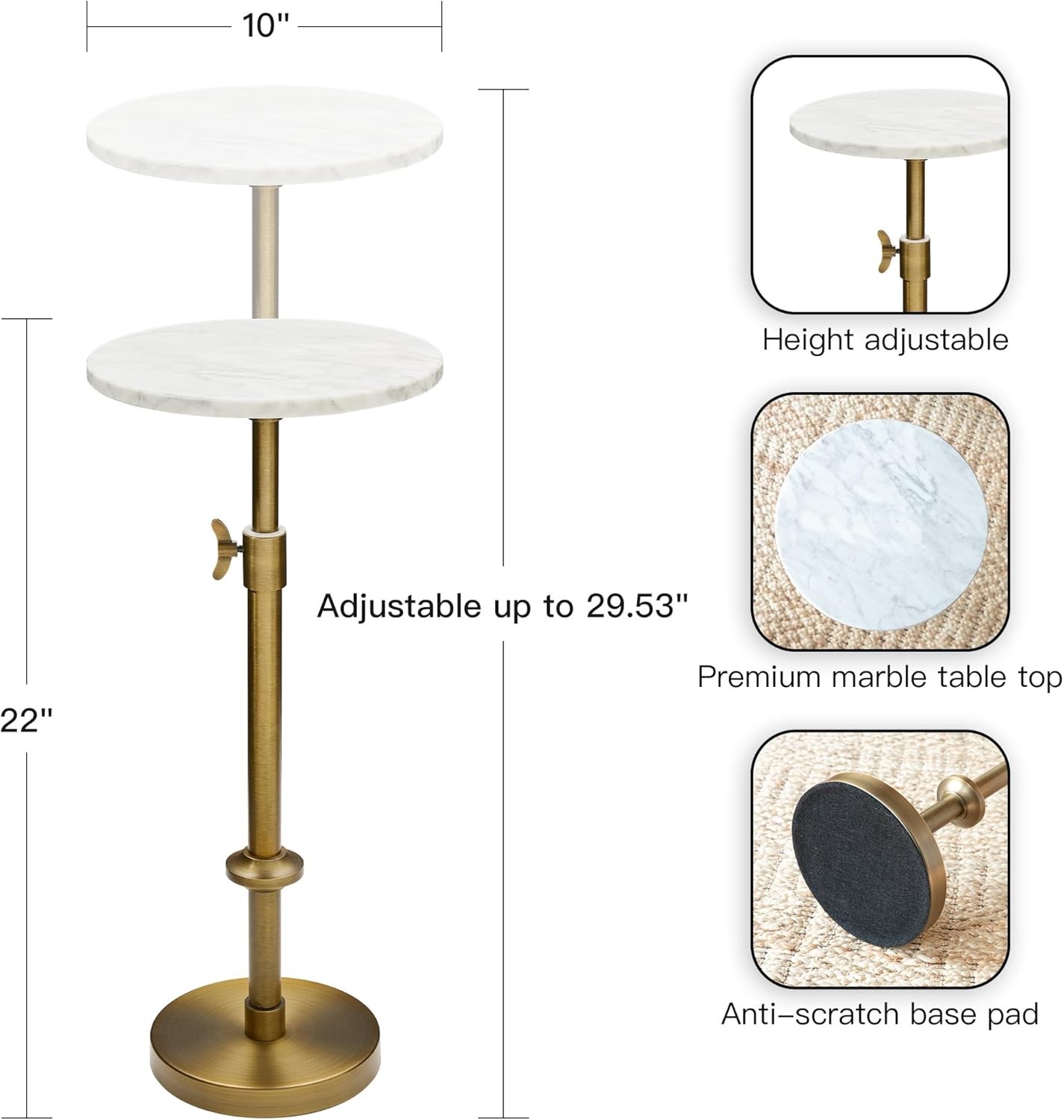 Adjustable-Height Marble Drink Table -10x10x22-30, White Marble & Antique Brass