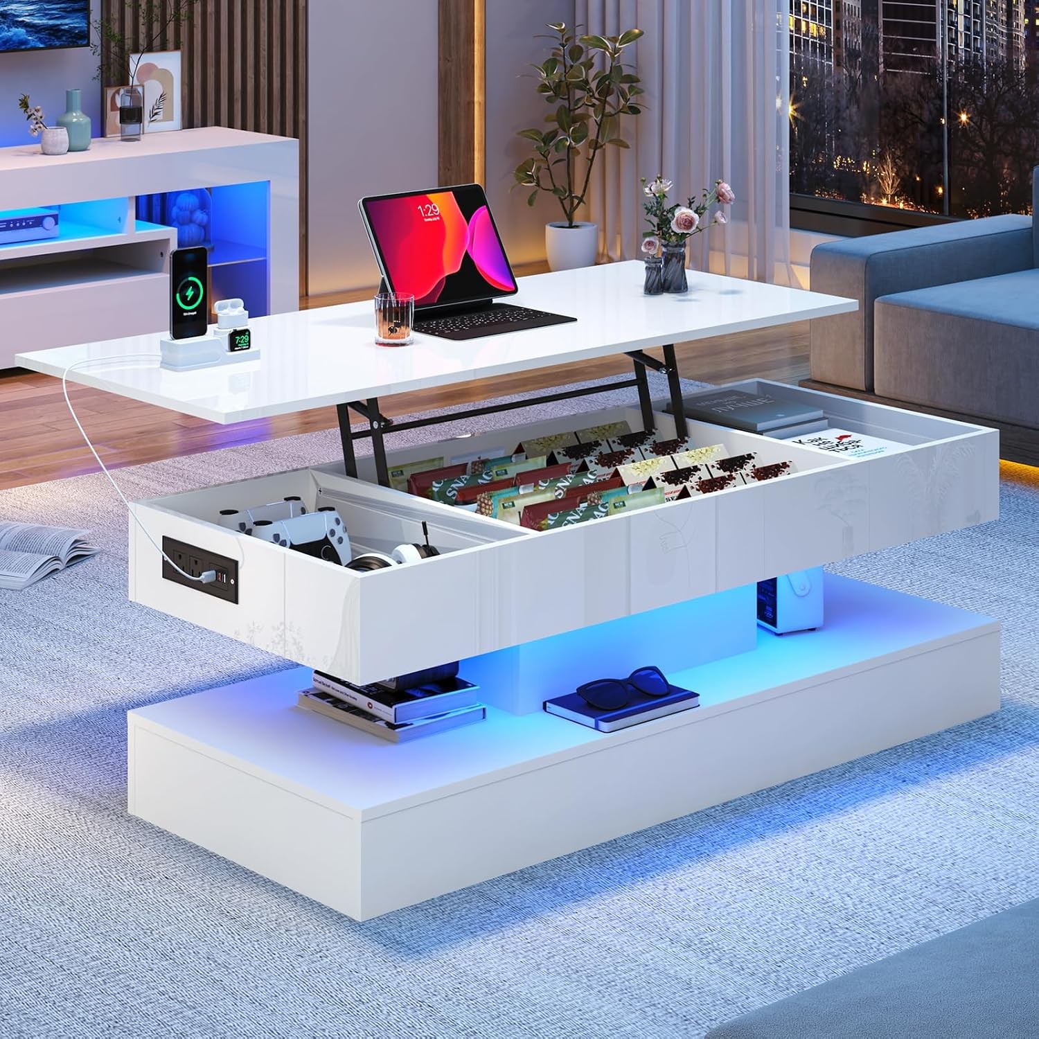 47.2″ Large Lift Top Coffee Table Modern High Glossy LED Coffee Tables