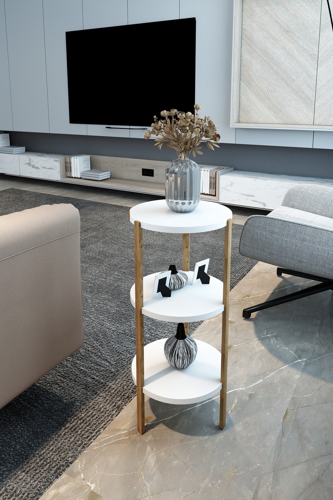 3-Tier Round White Side Table Plant Stand Display 70cm Solid Wood