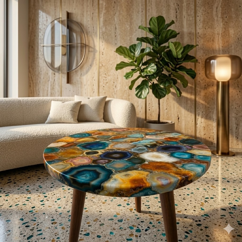Luxury Multi Color Agate Coffee Table Top Natural Gemstone Side Table Home Decor