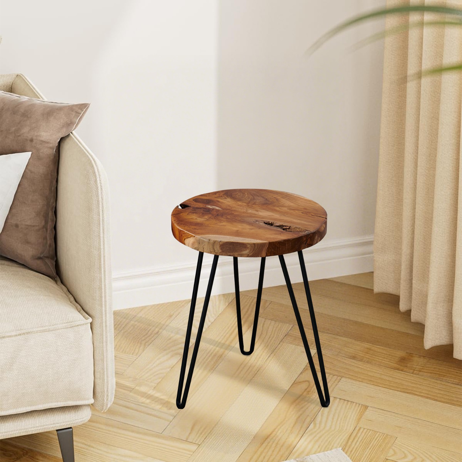 Greenage Rustic Teak Round End Table –Natural Wood Side Table Nightstand 21″ H