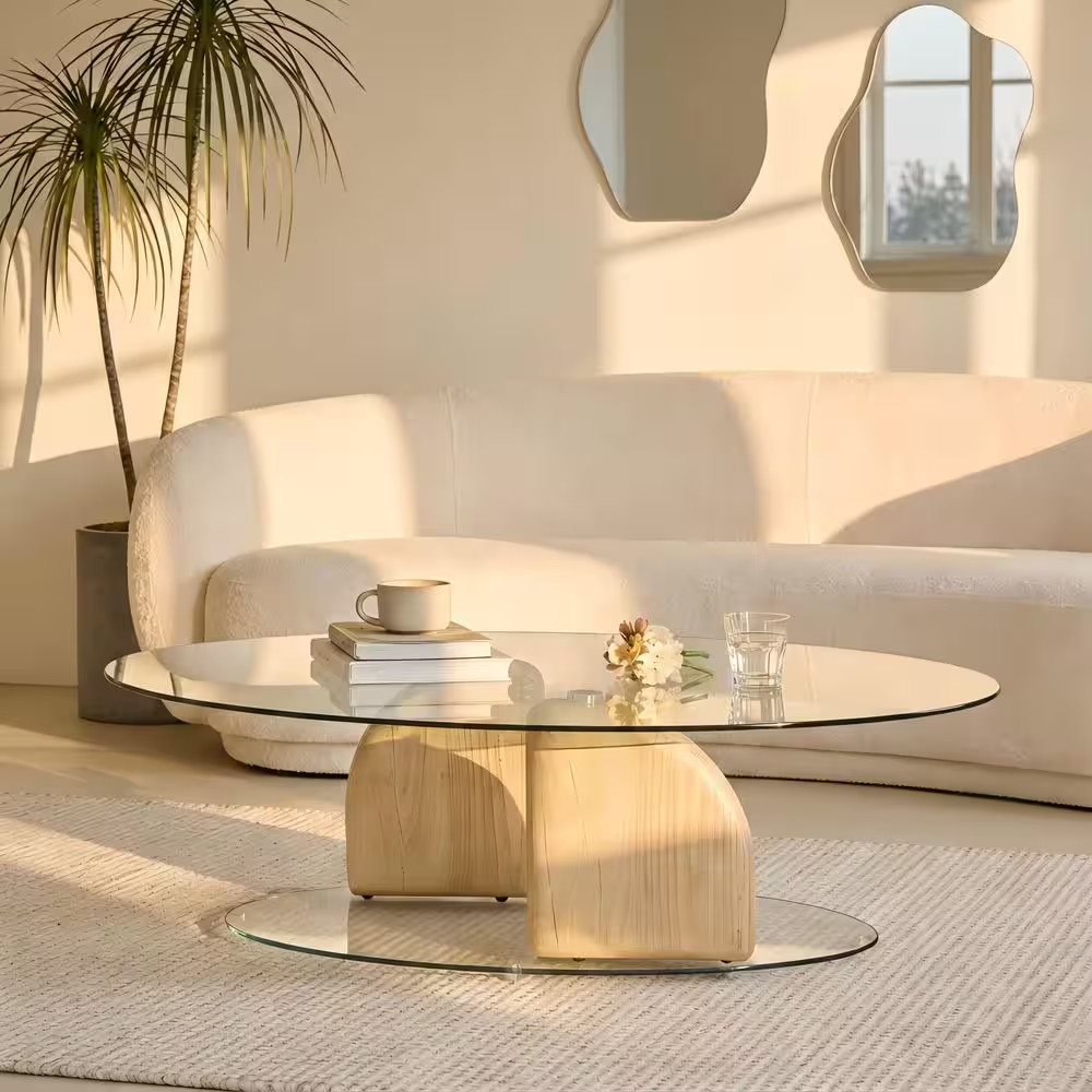 Oaklee 45.67 In. Natural Oval Glass Top Coffee Table with MGO Base