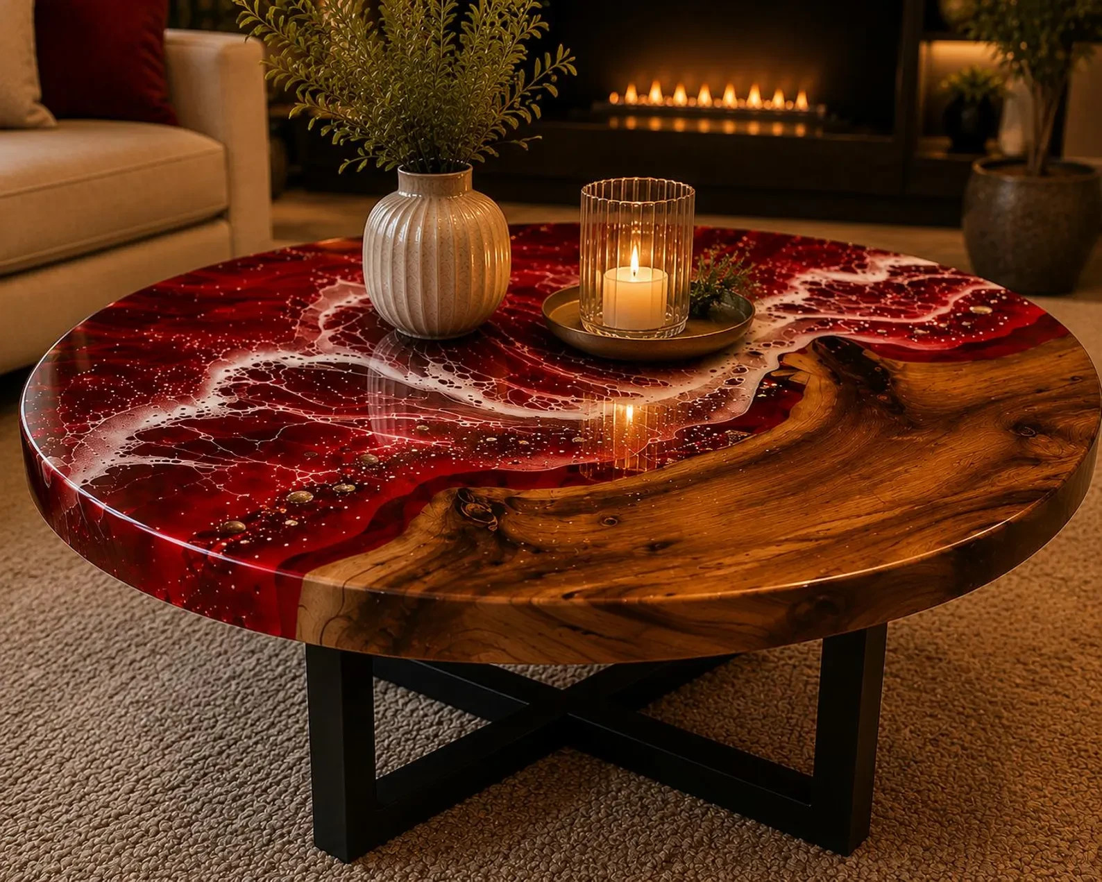 Red Resin River Coffee Table | Handmade Wood Epoxy Table Luxury Living Room