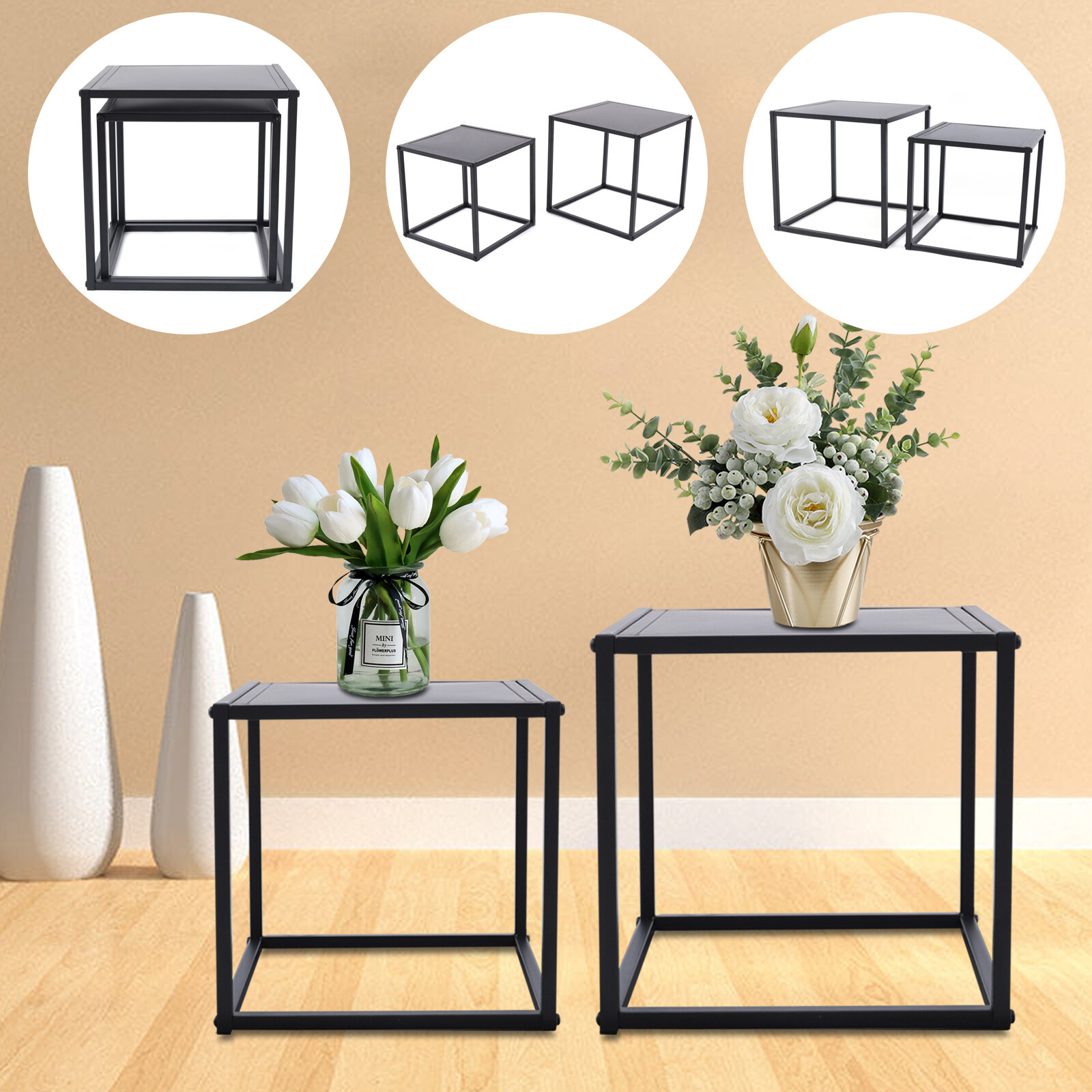 2PC Square Modern Metal Coffee Table End Table Side Table Matt Black Home Office