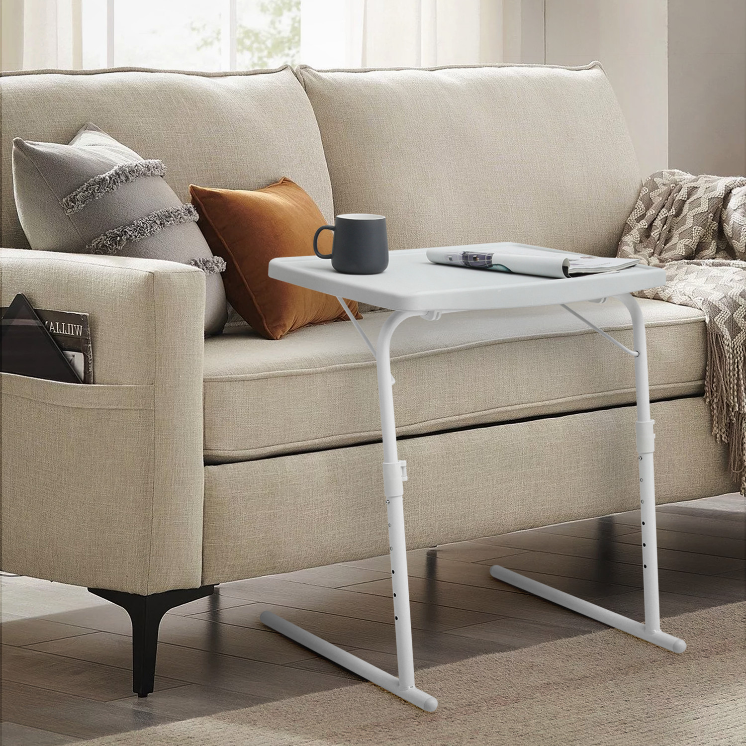 White Folding TV Tray Portable Sofa Bed Side Table Adjustable Height Laptop Desk