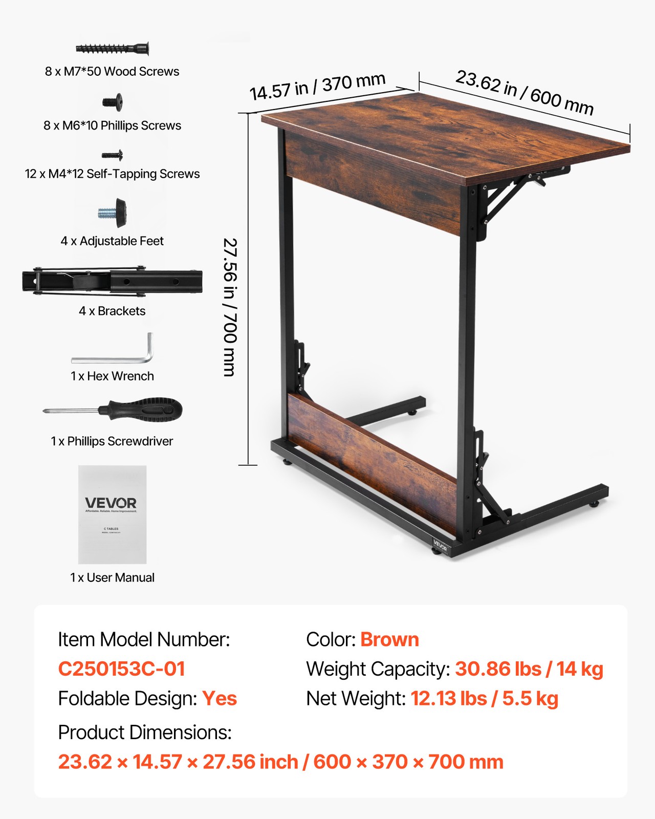 VEVOR C Table with Metal Frame & Adjustable Feet Folding C Shaped End Table