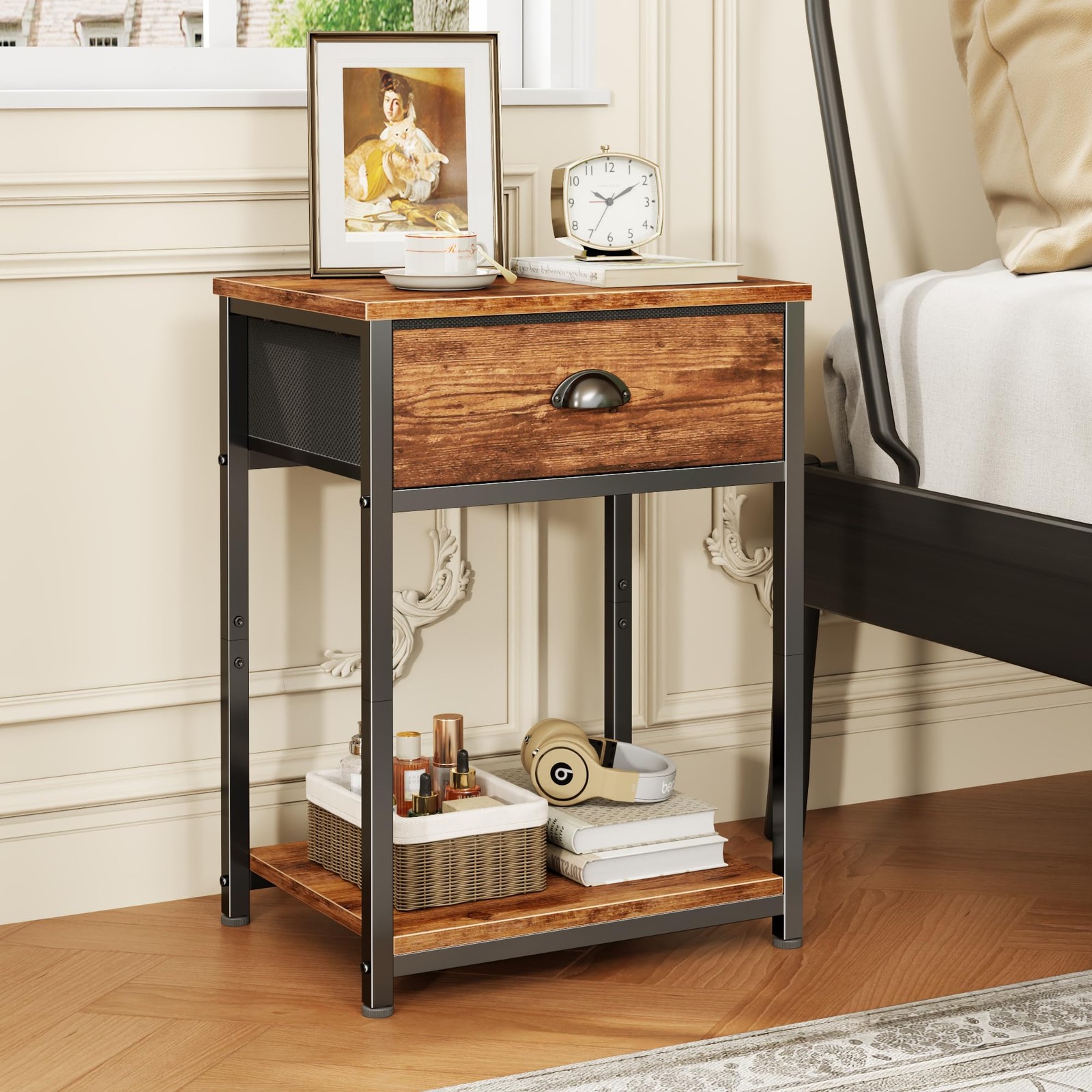 Nightstands Set of 2, Night Stand with Fabric Drawer and Storage Shelf, Retro Be
