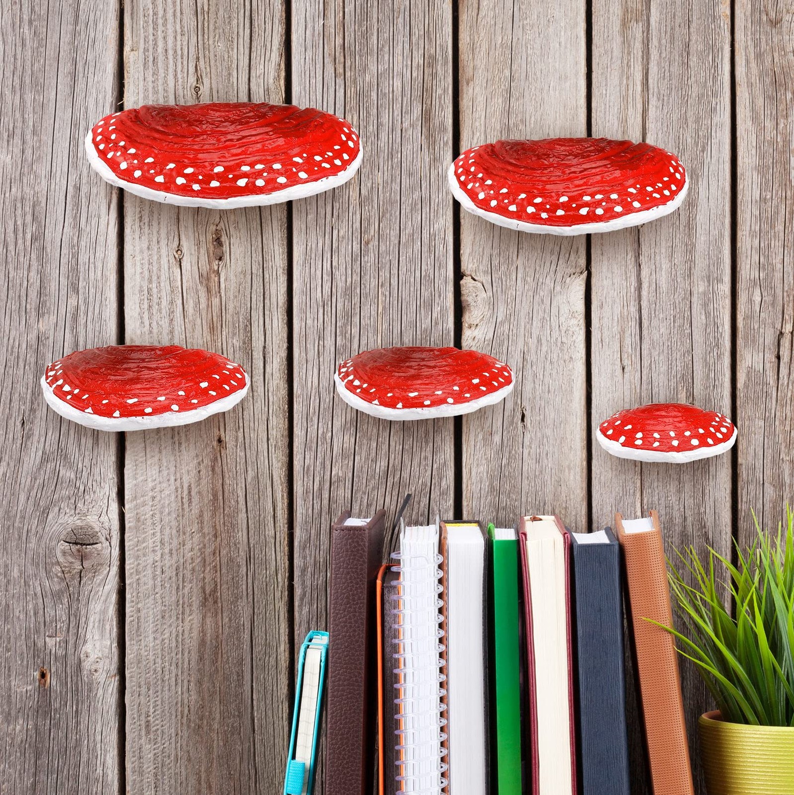 Geetery Set of 5 Mushroom Shelf Wall Decor – Adhesive Mini Resin Red