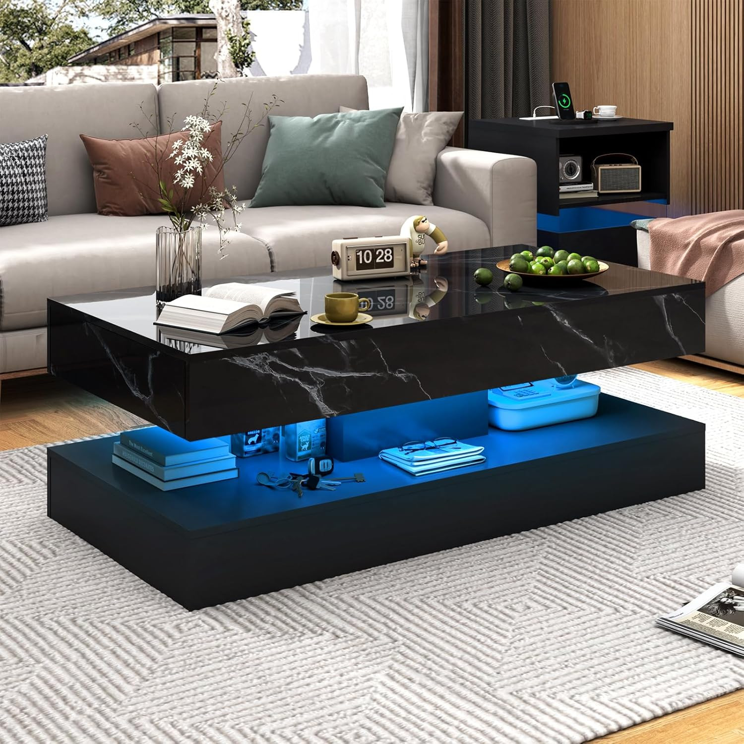 47.2″ Large High-Glossy LED Coffee Table with 2 Sliding Drawers, Living Room Sto